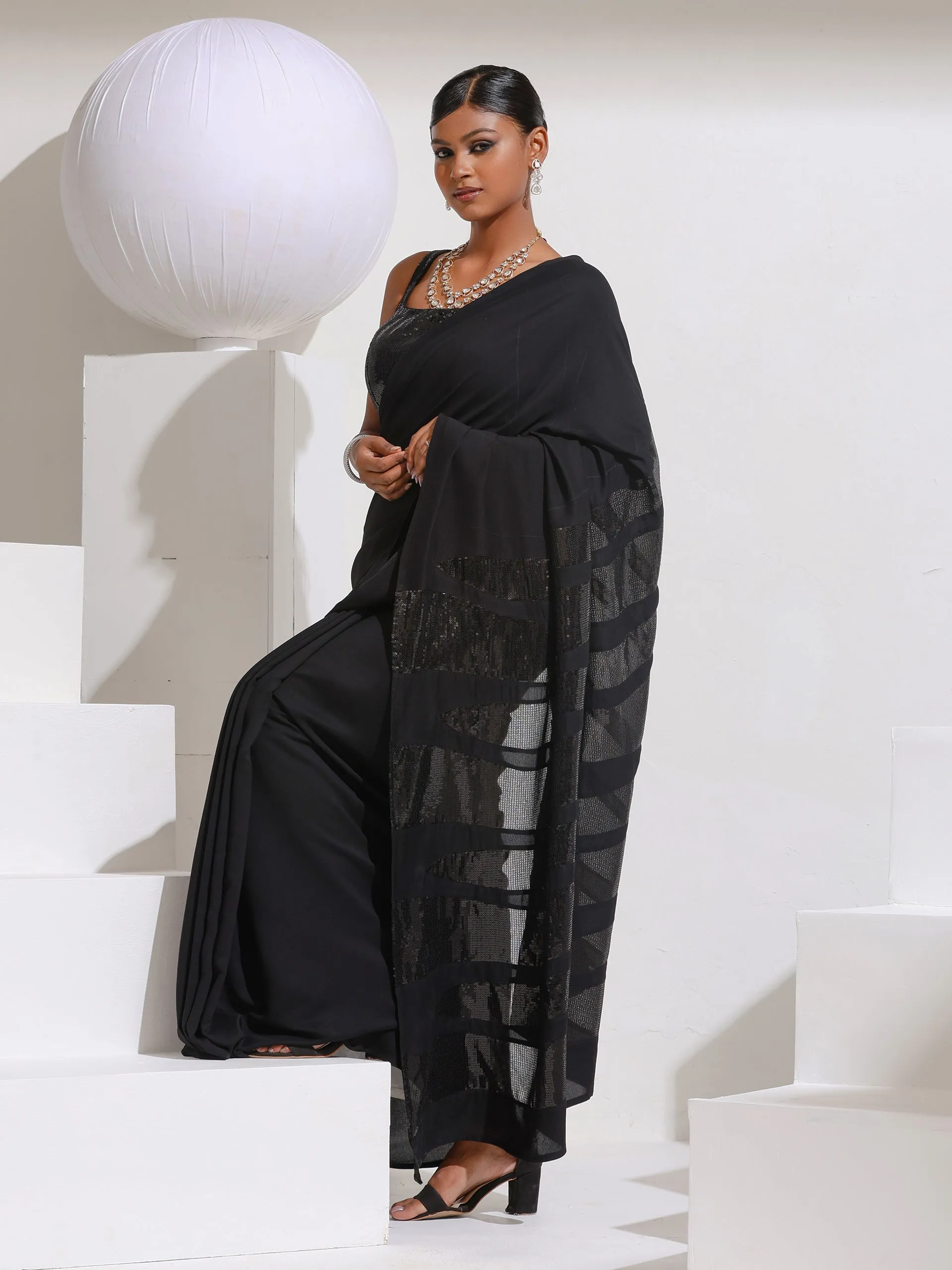Black Red Carpet Look Saree with Black Sequins Patch work