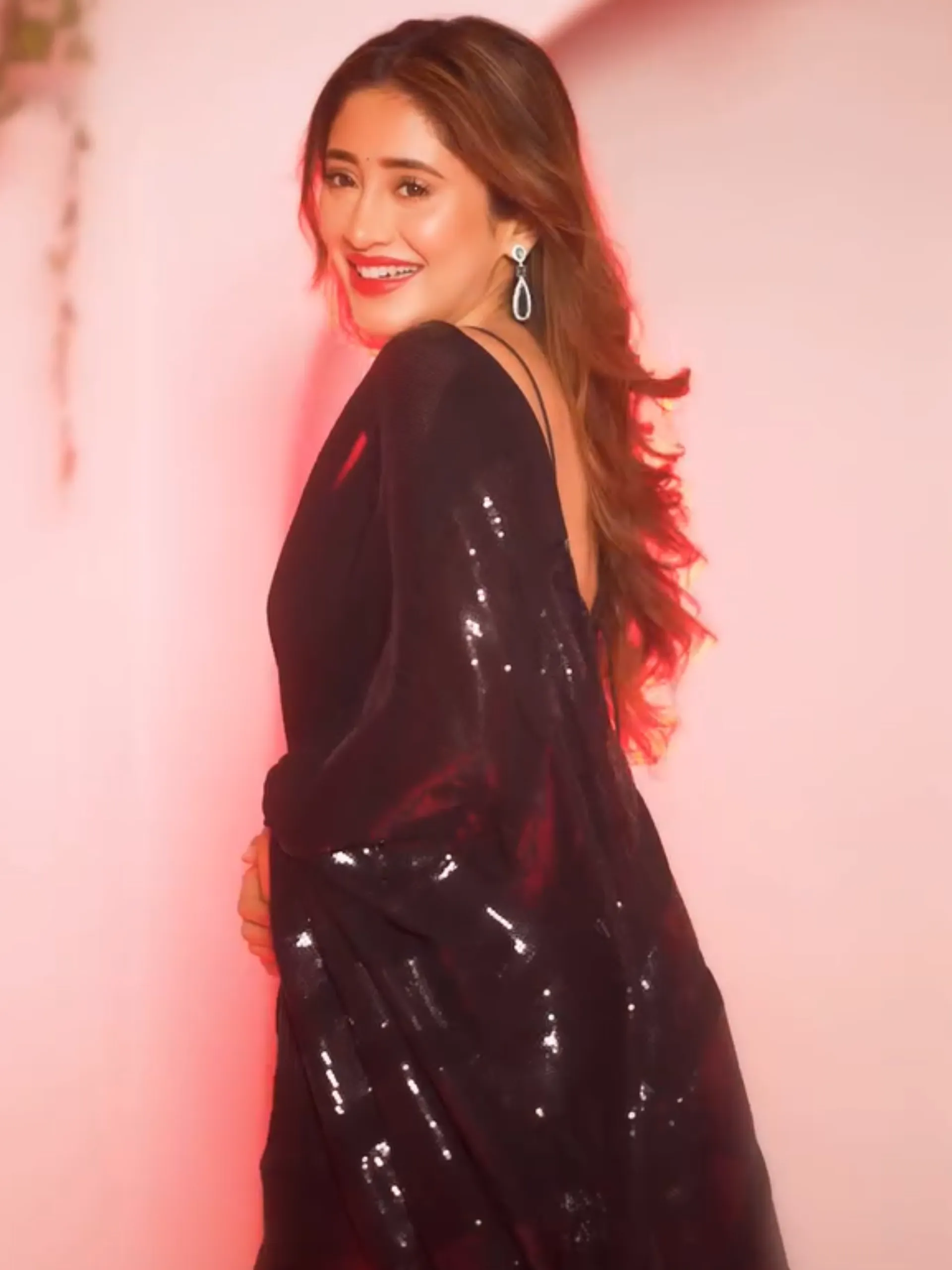 Black Red Carpet Look Saree with Black Sequins Patch work