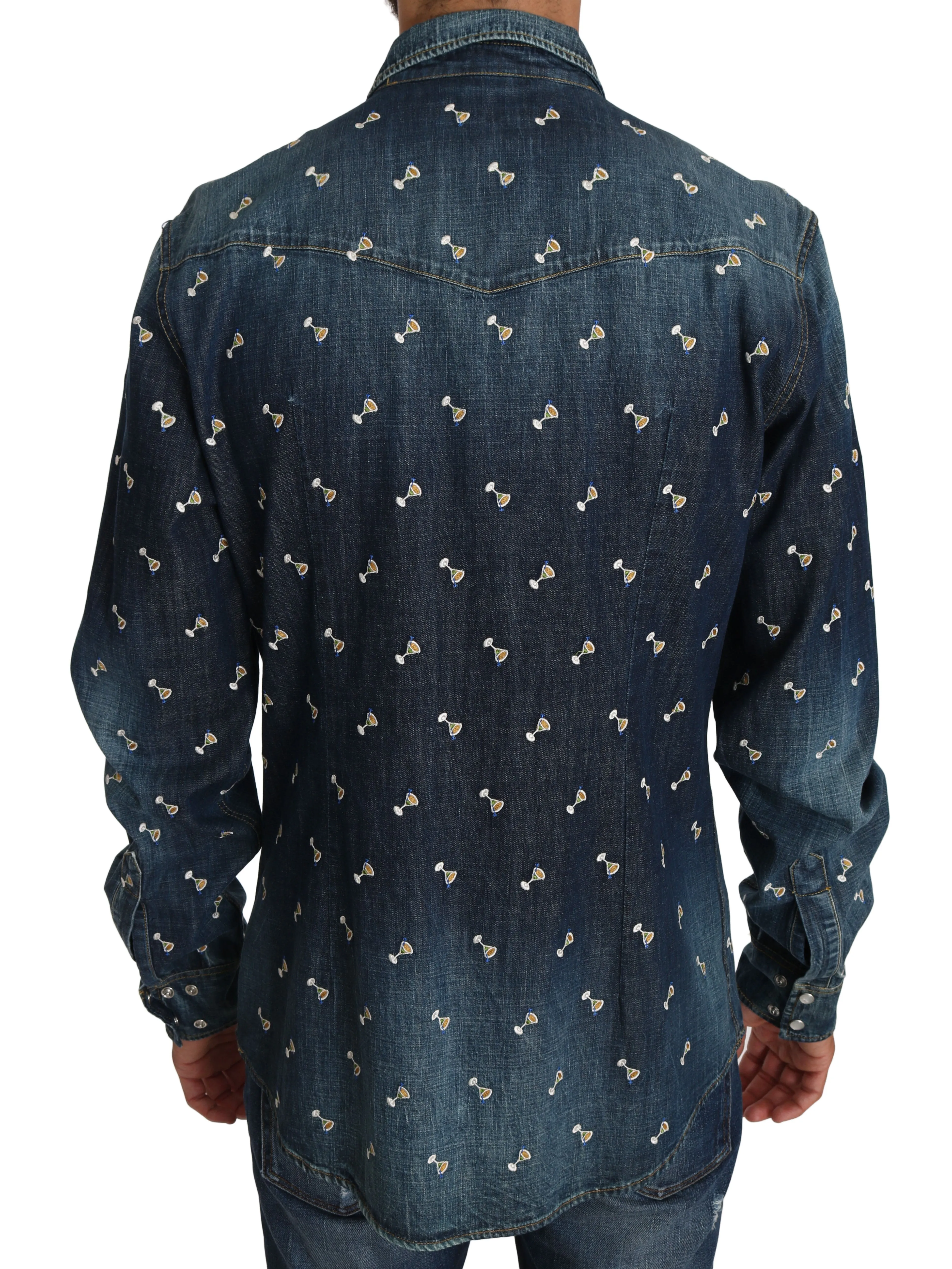 Blue Cotton Denim Drink Print Casual Shirt