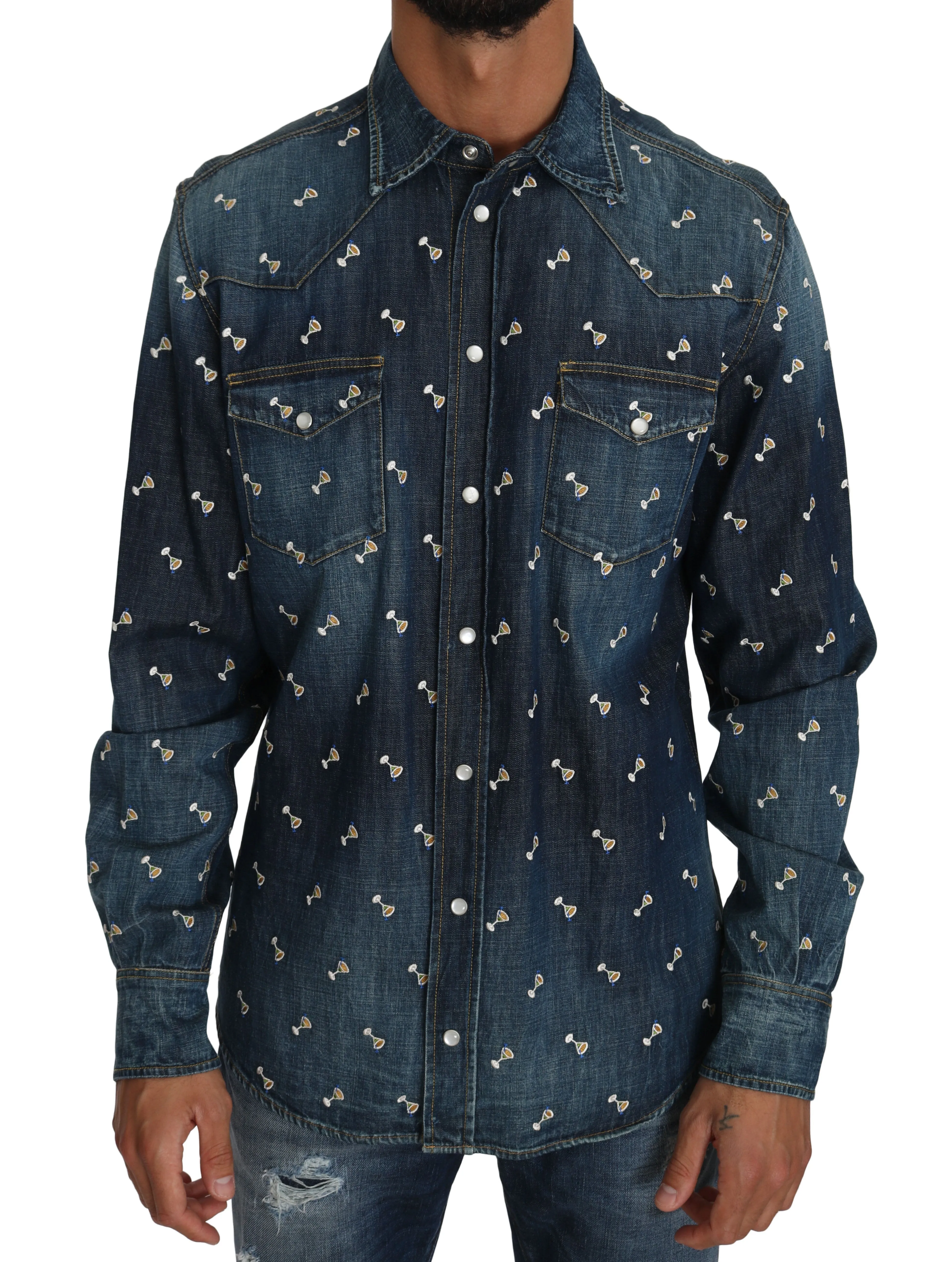 Blue Cotton Denim Drink Print Casual Shirt