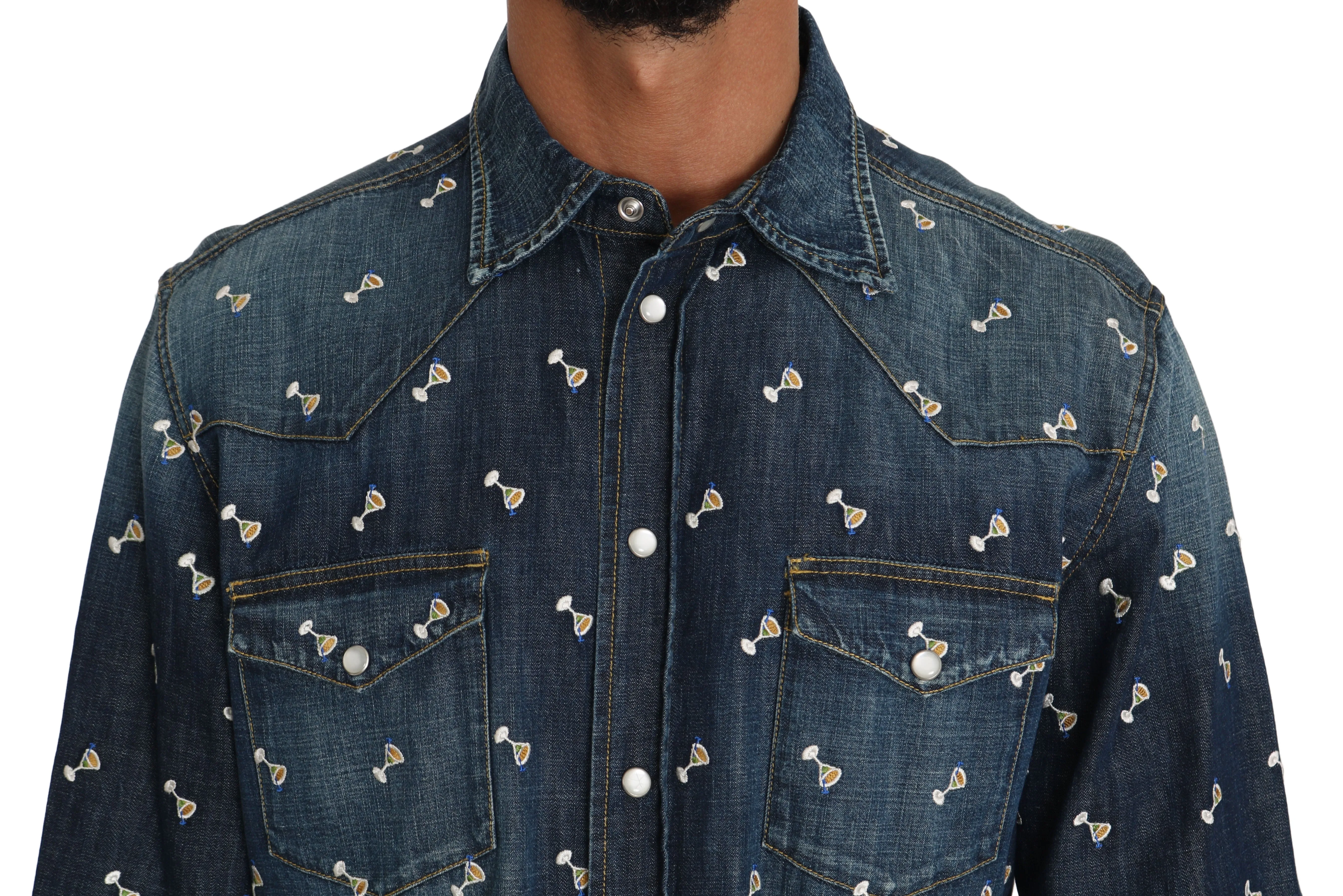 Blue Cotton Denim Drink Print Casual Shirt