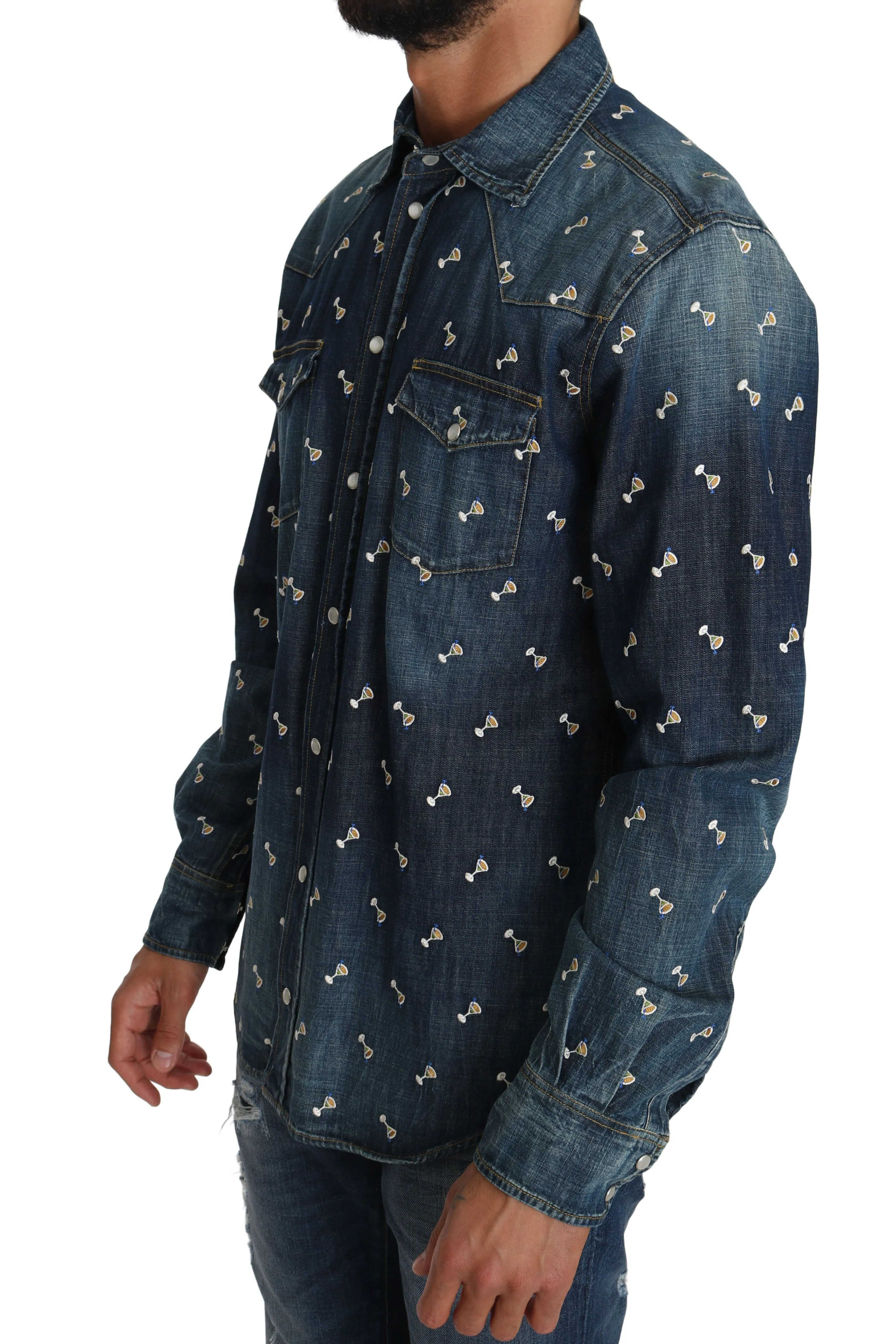 Blue Cotton Denim Drink Print Casual Shirt