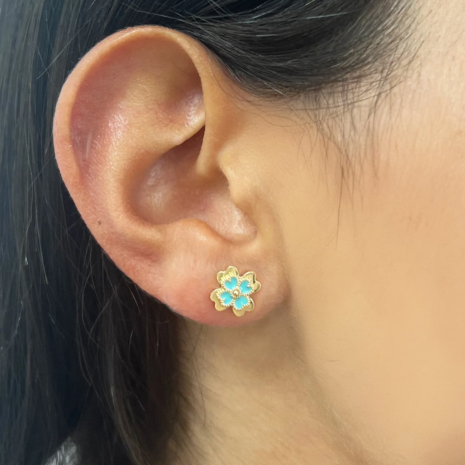 Blue Enamel Four Leaf Clover Stud Earrings