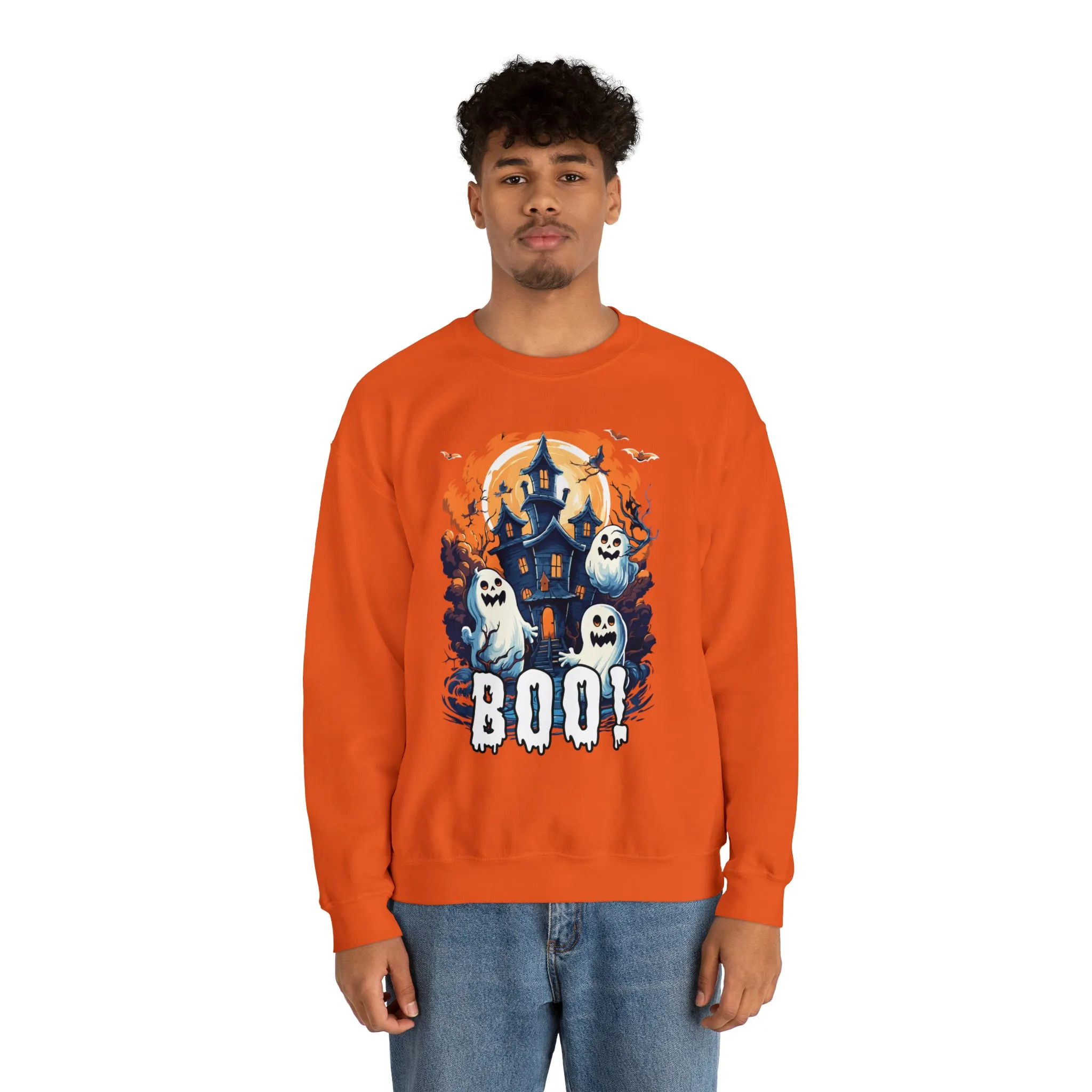 Boo! Haunted House Halloween Sweatshirt, Scary House with Ghosts Pullover, Spooky Unisex Heavy Blend Crewneck Sweatshirt