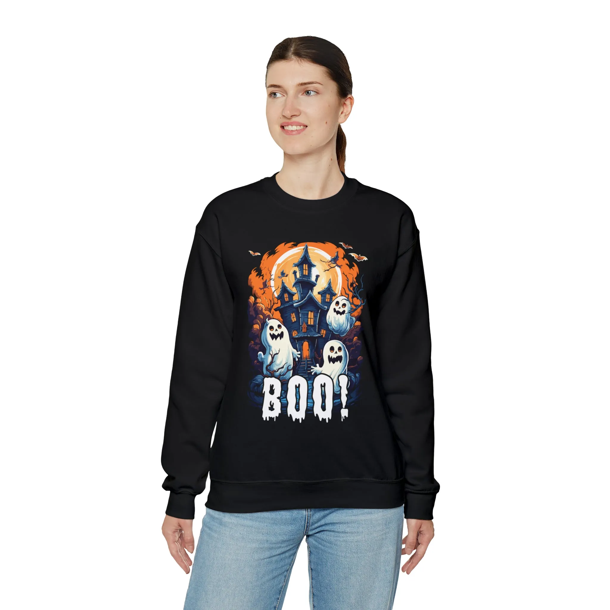 Boo! Haunted House Halloween Sweatshirt, Scary House with Ghosts Pullover, Spooky Unisex Heavy Blend Crewneck Sweatshirt