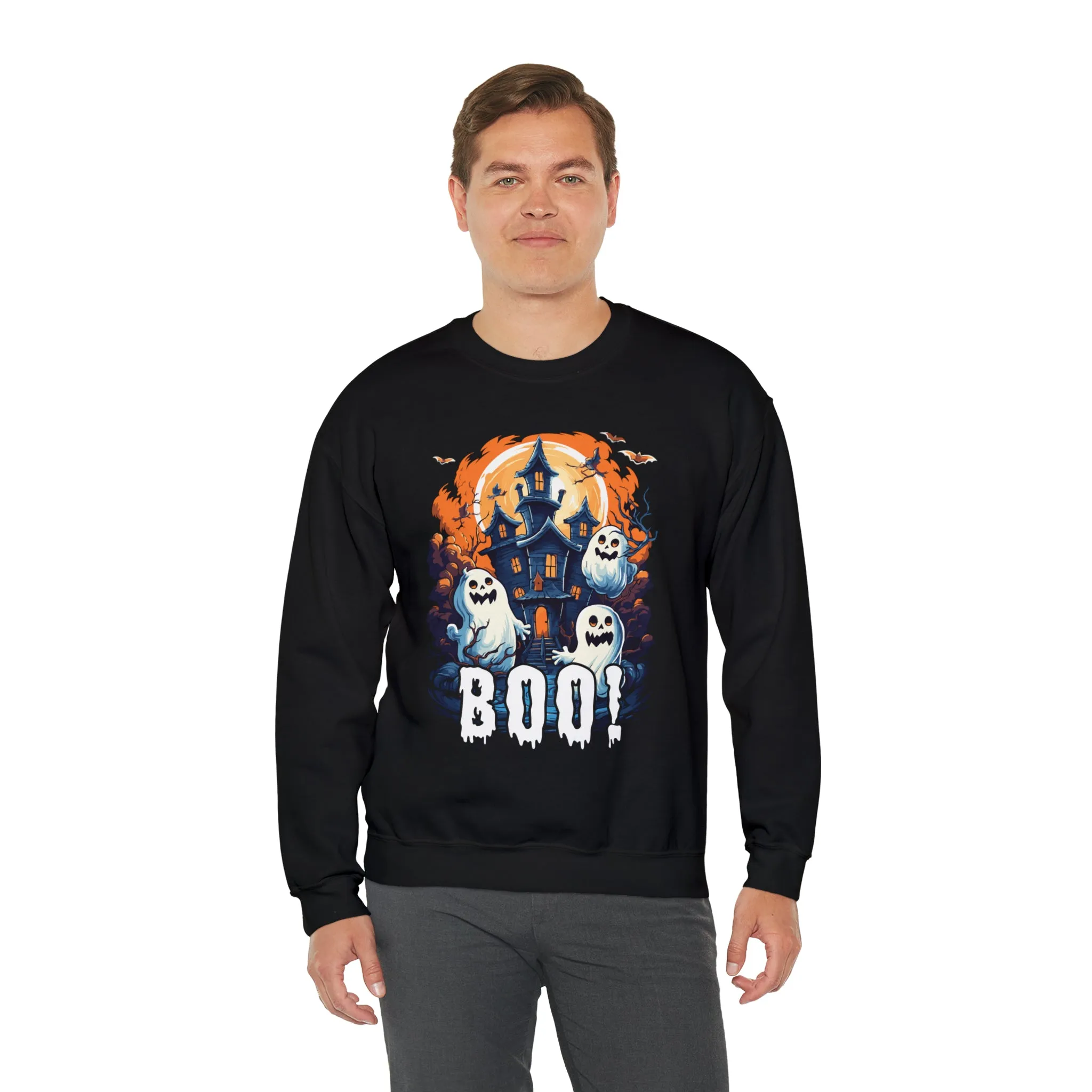 Boo! Haunted House Halloween Sweatshirt, Scary House with Ghosts Pullover, Spooky Unisex Heavy Blend Crewneck Sweatshirt
