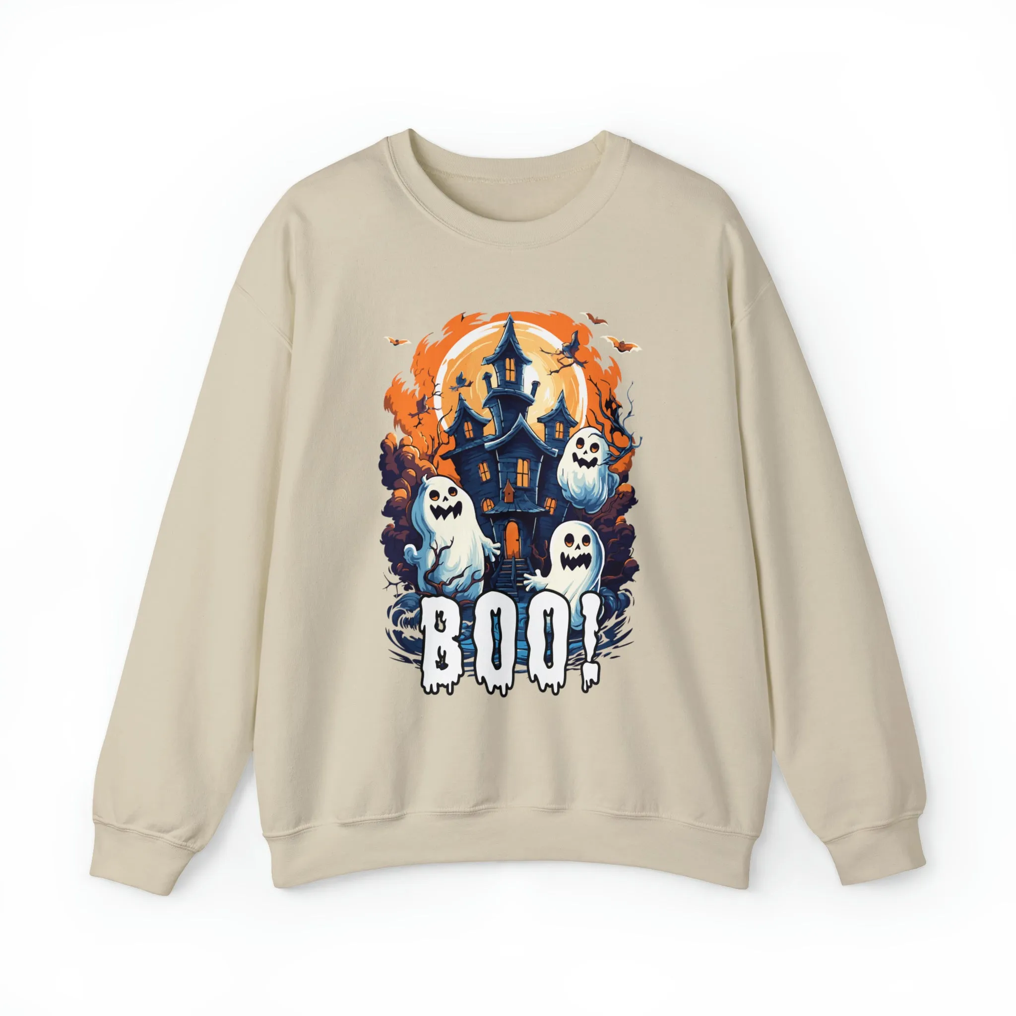 Boo! Haunted House Halloween Sweatshirt, Scary House with Ghosts Pullover, Spooky Unisex Heavy Blend Crewneck Sweatshirt