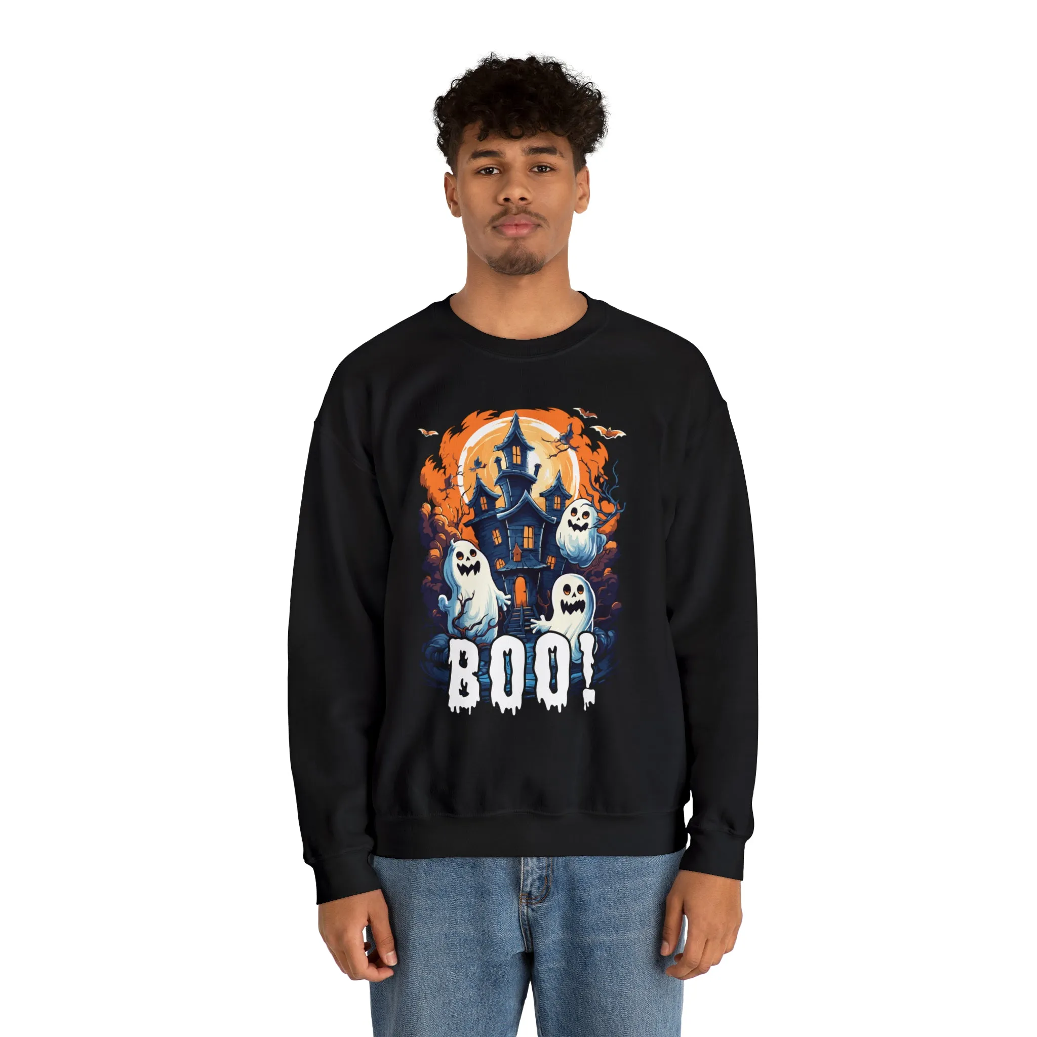 Boo! Haunted House Halloween Sweatshirt, Scary House with Ghosts Pullover, Spooky Unisex Heavy Blend Crewneck Sweatshirt