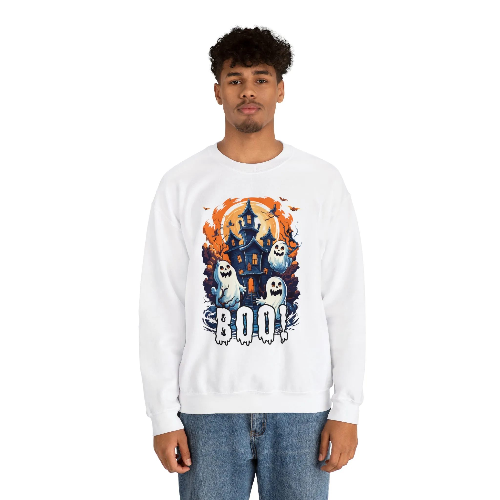 Boo! Haunted House Halloween Sweatshirt, Scary House with Ghosts Pullover, Spooky Unisex Heavy Blend Crewneck Sweatshirt