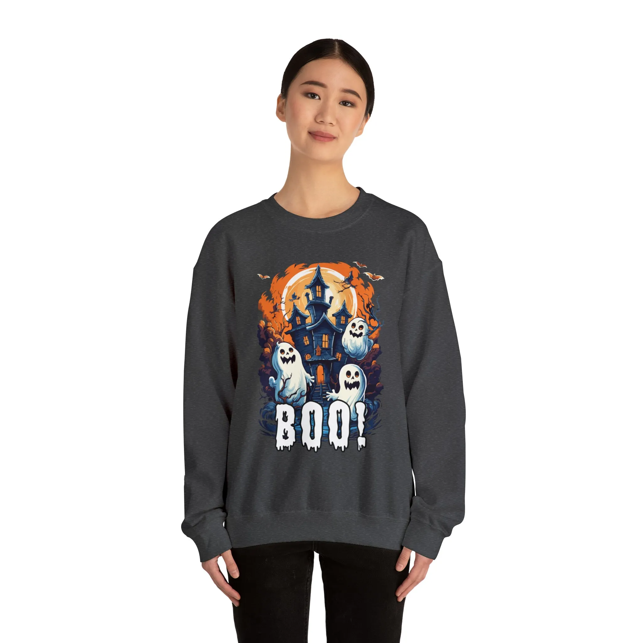 Boo! Haunted House Halloween Sweatshirt, Scary House with Ghosts Pullover, Spooky Unisex Heavy Blend Crewneck Sweatshirt