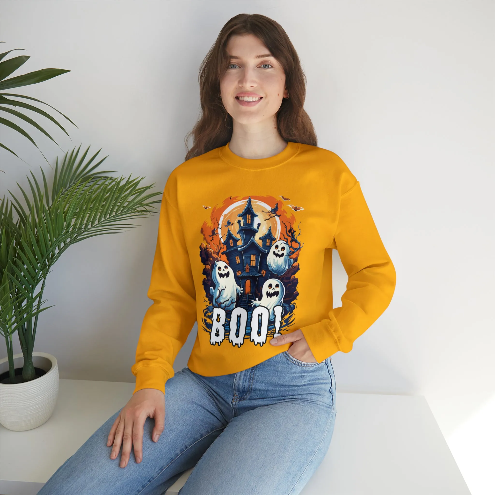 Boo! Haunted House Halloween Sweatshirt, Scary House with Ghosts Pullover, Spooky Unisex Heavy Blend Crewneck Sweatshirt