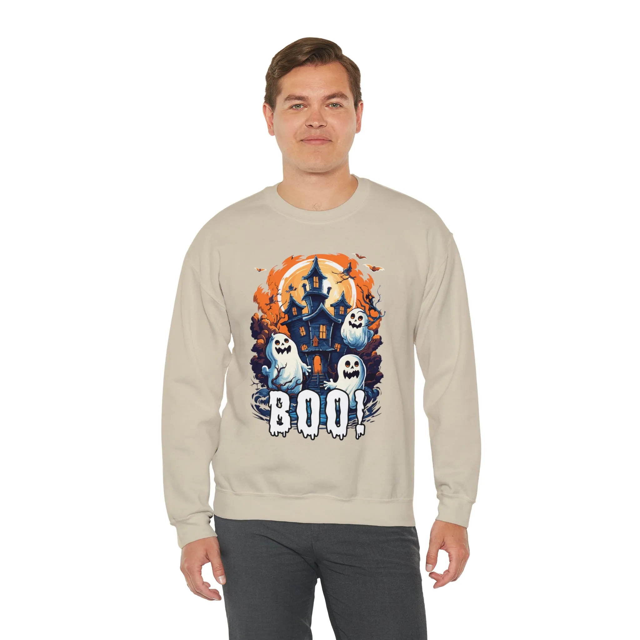 Boo! Haunted House Halloween Sweatshirt, Scary House with Ghosts Pullover, Spooky Unisex Heavy Blend Crewneck Sweatshirt
