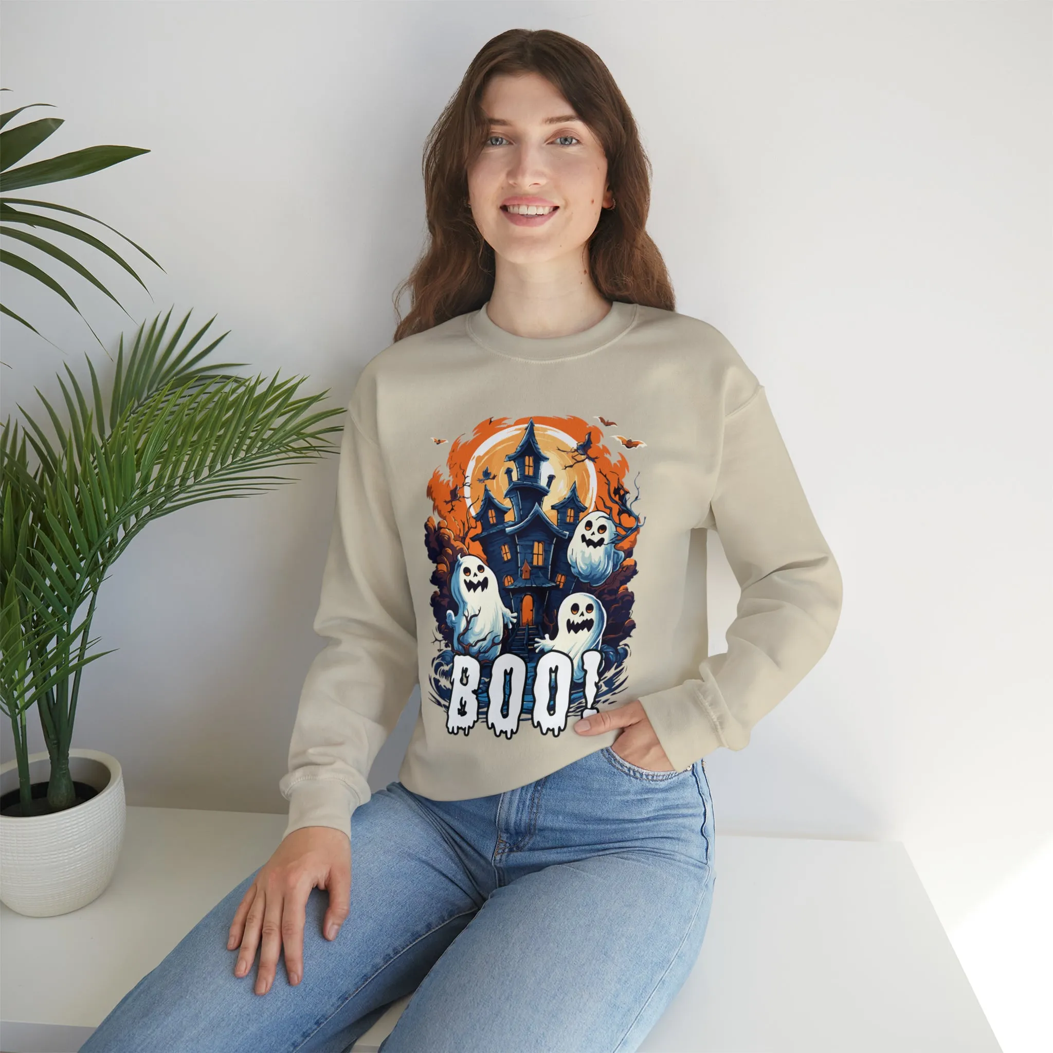 Boo! Haunted House Halloween Sweatshirt, Scary House with Ghosts Pullover, Spooky Unisex Heavy Blend Crewneck Sweatshirt