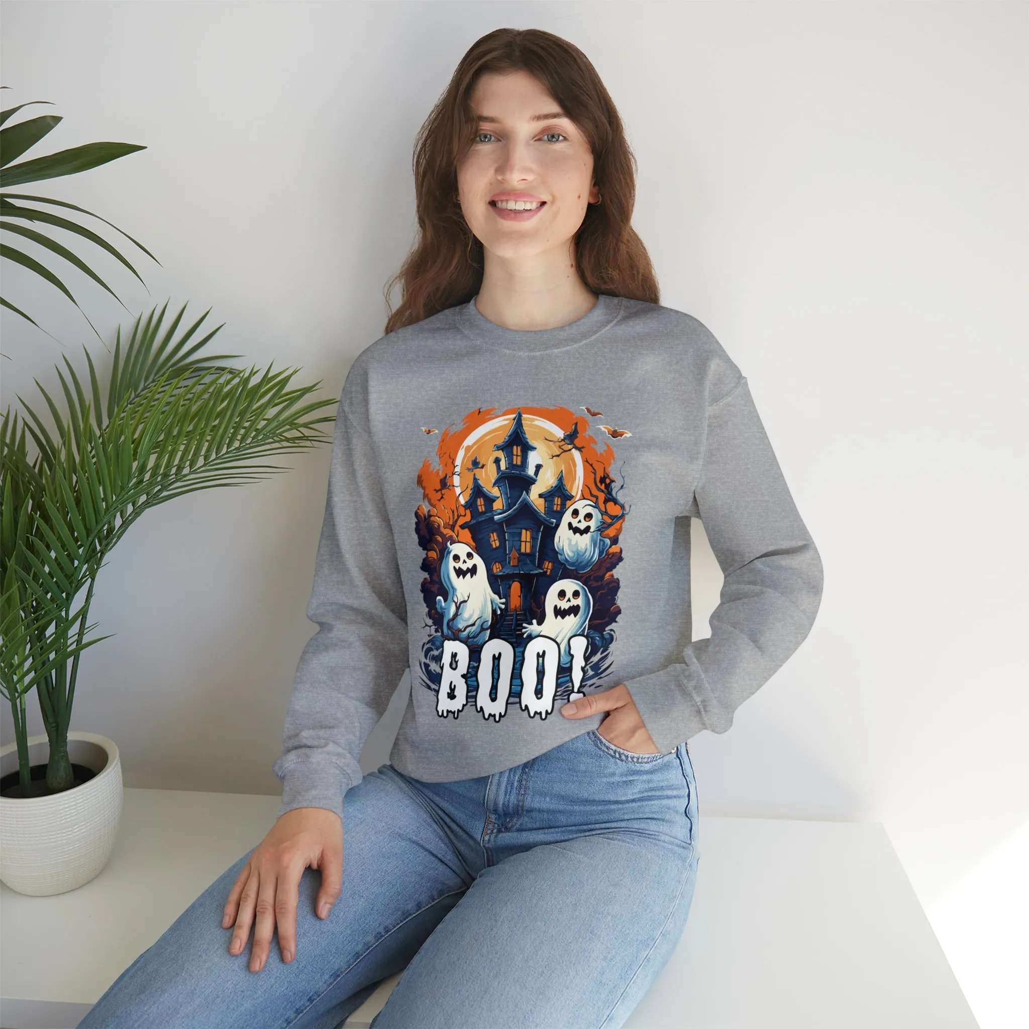 Boo! Haunted House Halloween Sweatshirt, Scary House with Ghosts Pullover, Spooky Unisex Heavy Blend Crewneck Sweatshirt