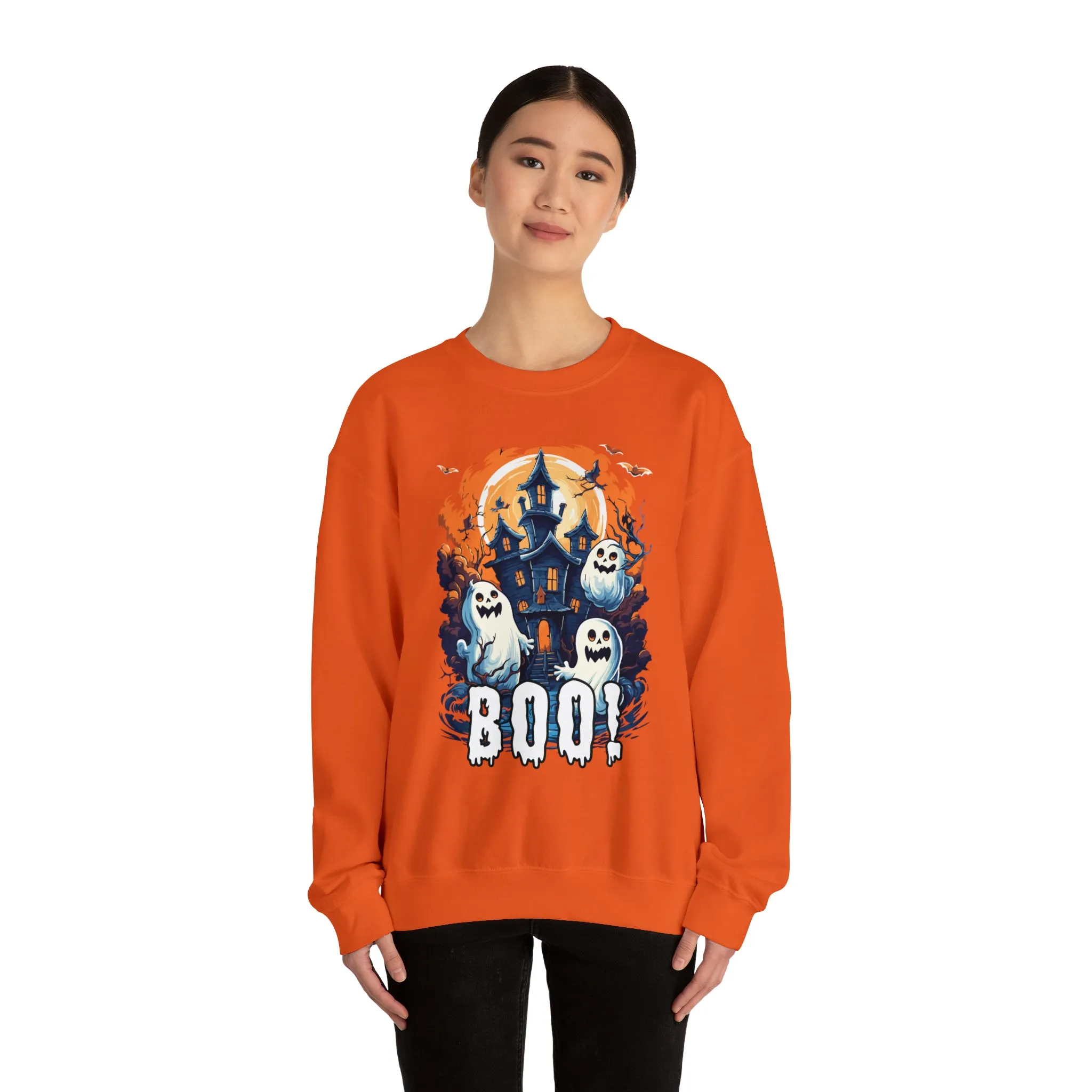 Boo! Haunted House Halloween Sweatshirt, Scary House with Ghosts Pullover, Spooky Unisex Heavy Blend Crewneck Sweatshirt