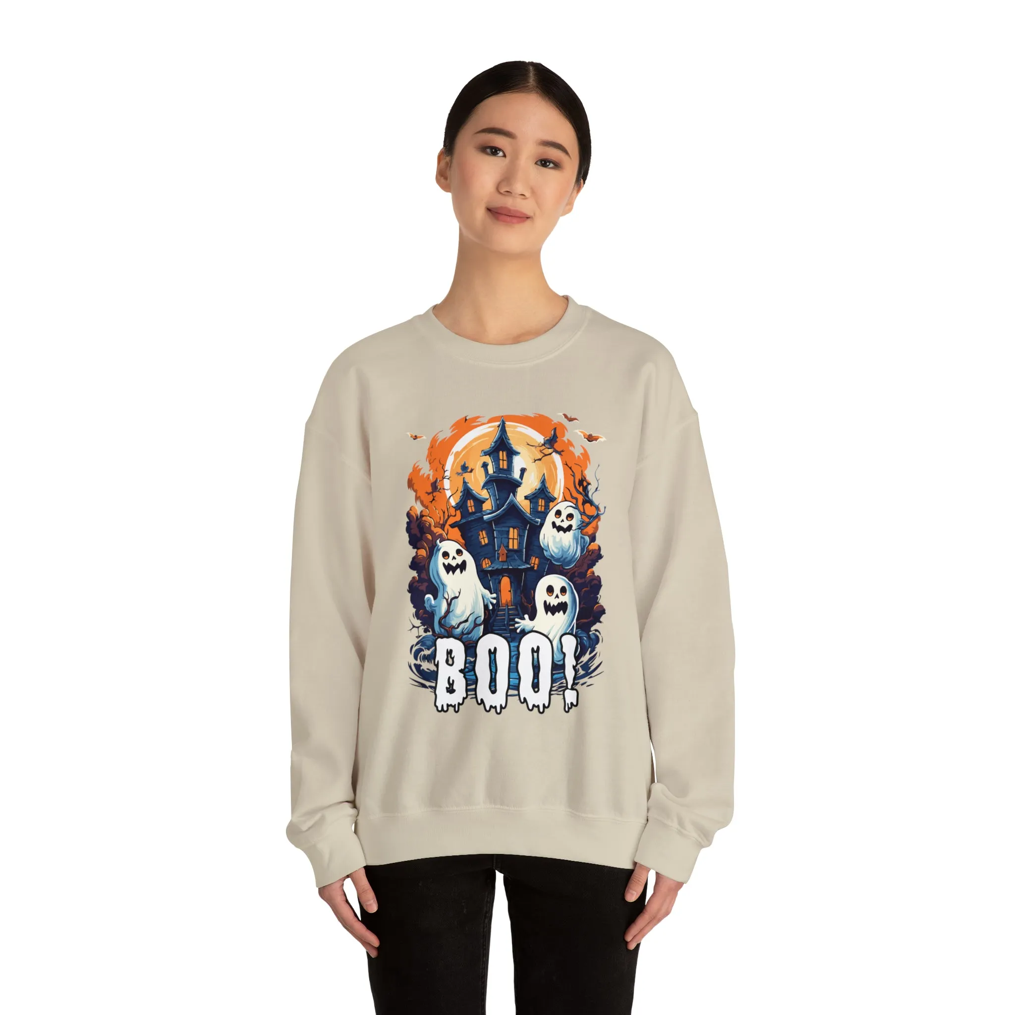 Boo! Haunted House Halloween Sweatshirt, Scary House with Ghosts Pullover, Spooky Unisex Heavy Blend Crewneck Sweatshirt