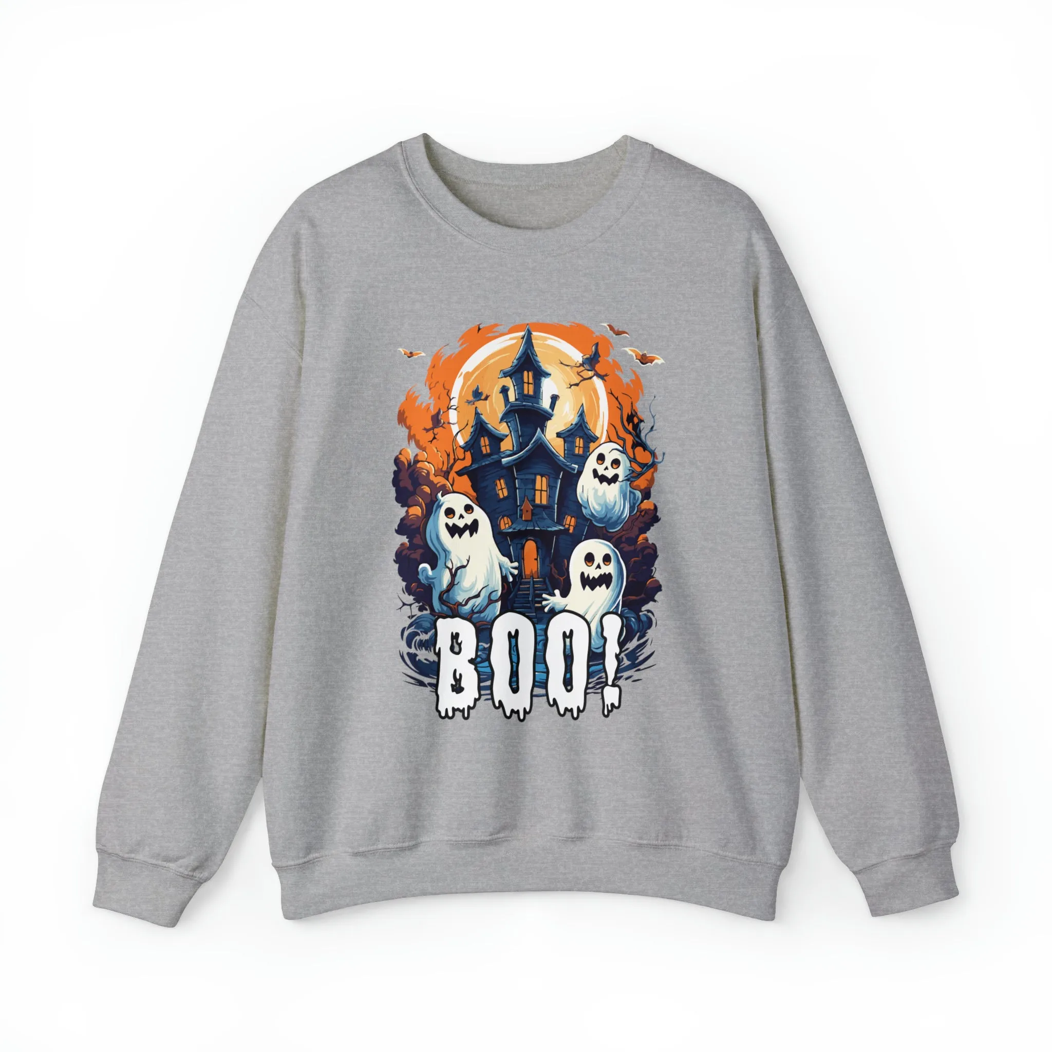 Boo! Haunted House Halloween Sweatshirt, Scary House with Ghosts Pullover, Spooky Unisex Heavy Blend Crewneck Sweatshirt