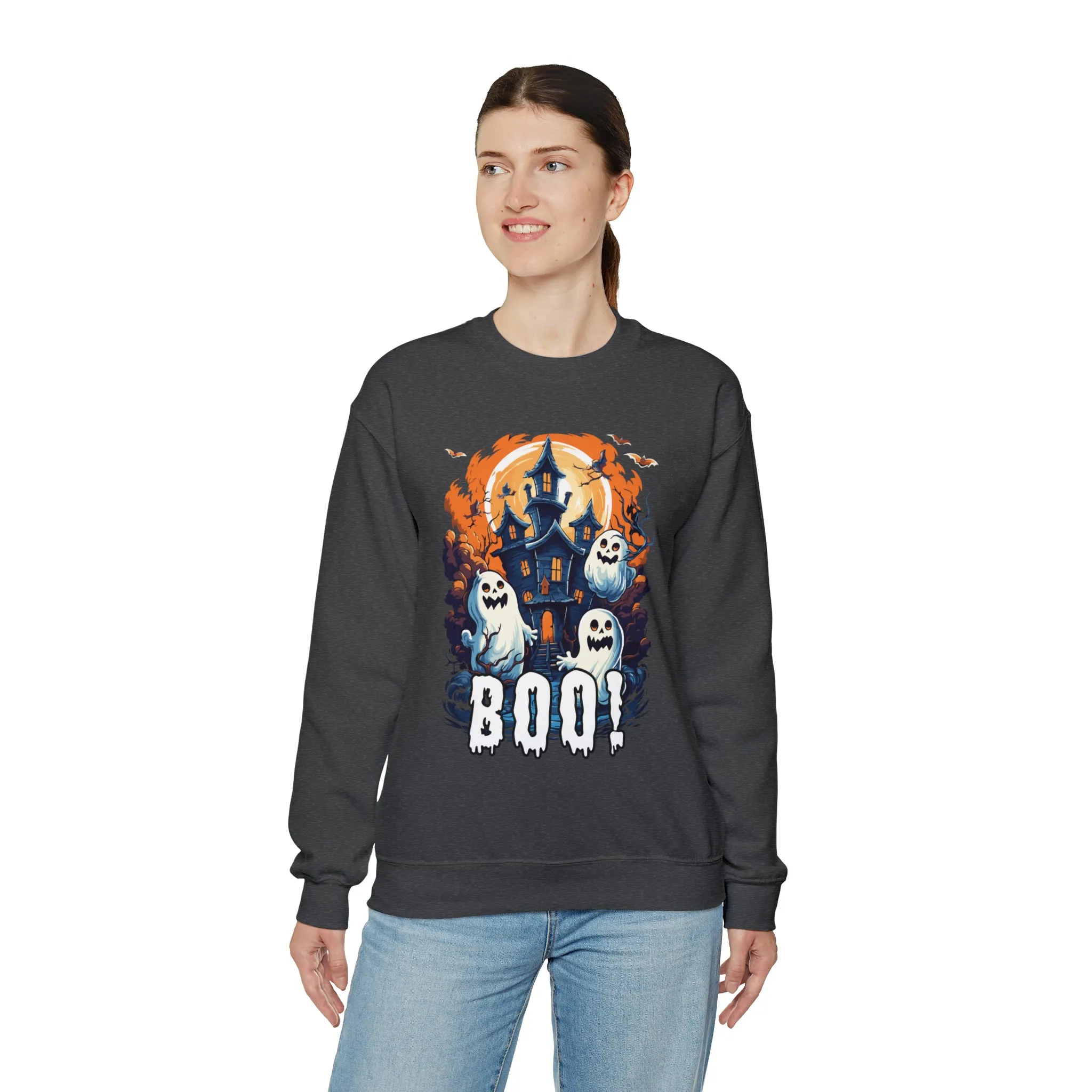 Boo! Haunted House Halloween Sweatshirt, Scary House with Ghosts Pullover, Spooky Unisex Heavy Blend Crewneck Sweatshirt