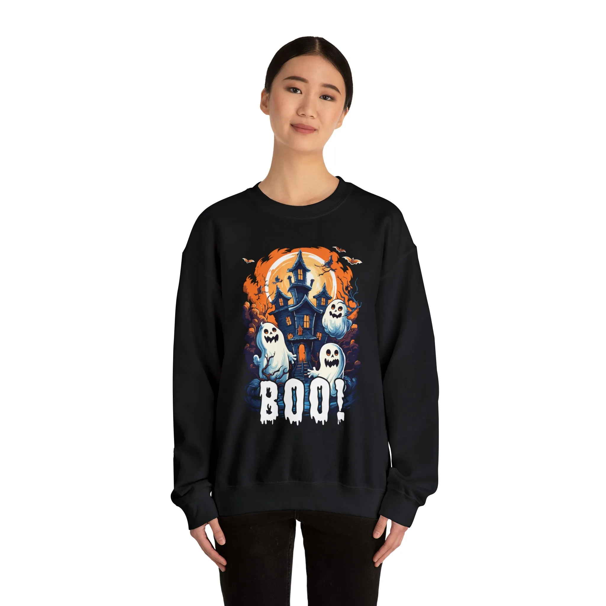 Boo! Haunted House Halloween Sweatshirt, Scary House with Ghosts Pullover, Spooky Unisex Heavy Blend Crewneck Sweatshirt