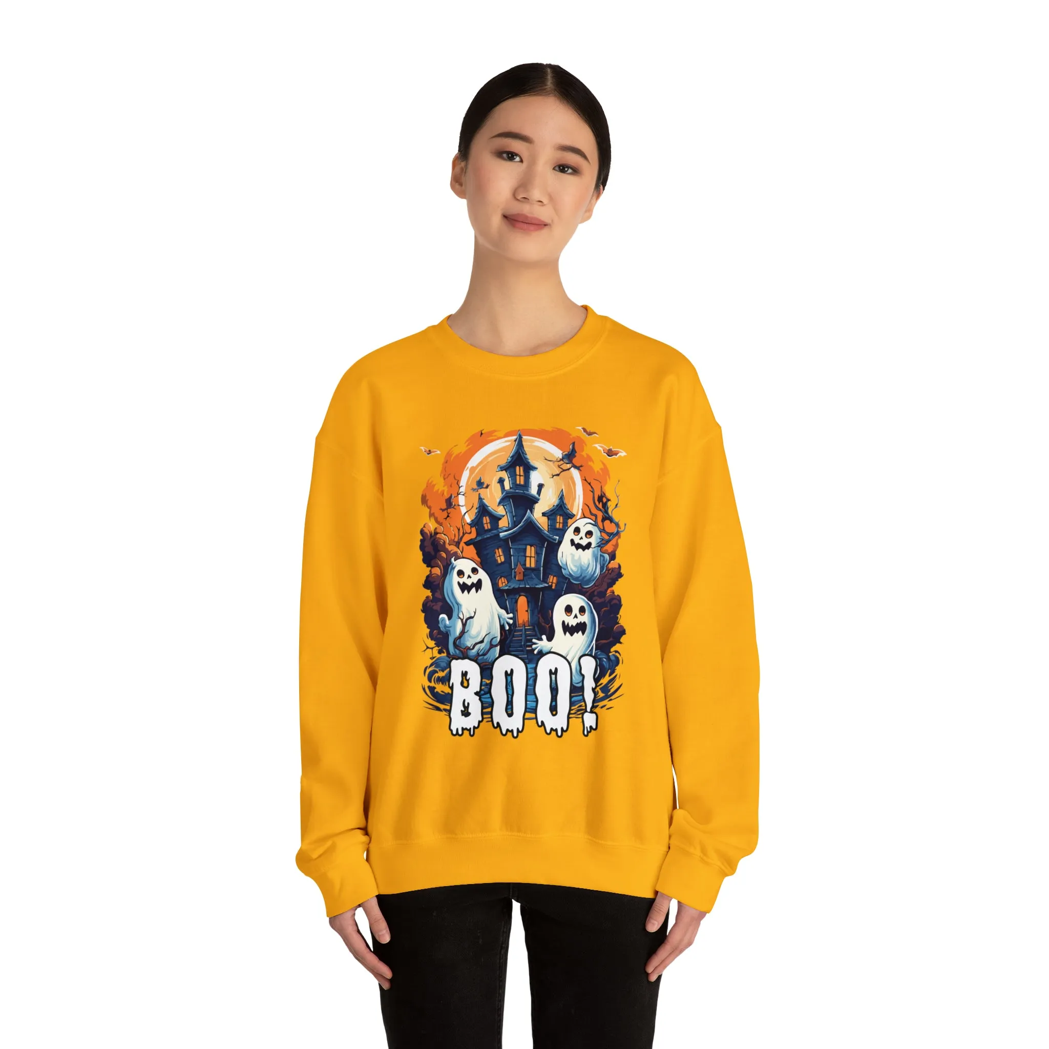 Boo! Haunted House Halloween Sweatshirt, Scary House with Ghosts Pullover, Spooky Unisex Heavy Blend Crewneck Sweatshirt