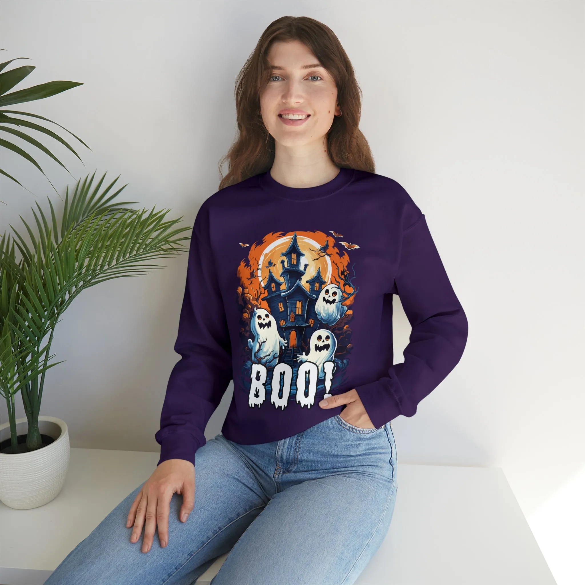 Boo! Haunted House Halloween Sweatshirt, Scary House with Ghosts Pullover, Spooky Unisex Heavy Blend Crewneck Sweatshirt