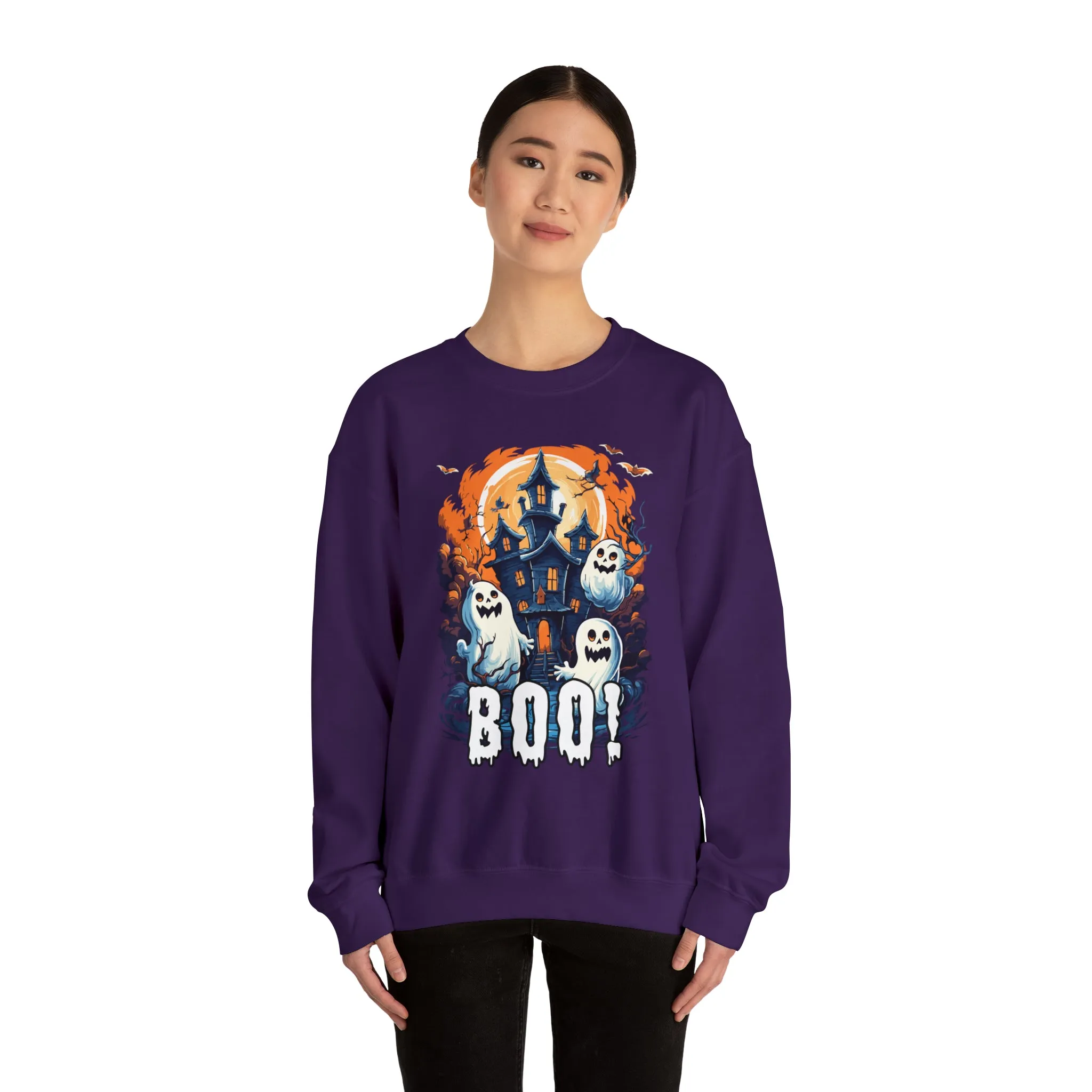 Boo! Haunted House Halloween Sweatshirt, Scary House with Ghosts Pullover, Spooky Unisex Heavy Blend Crewneck Sweatshirt