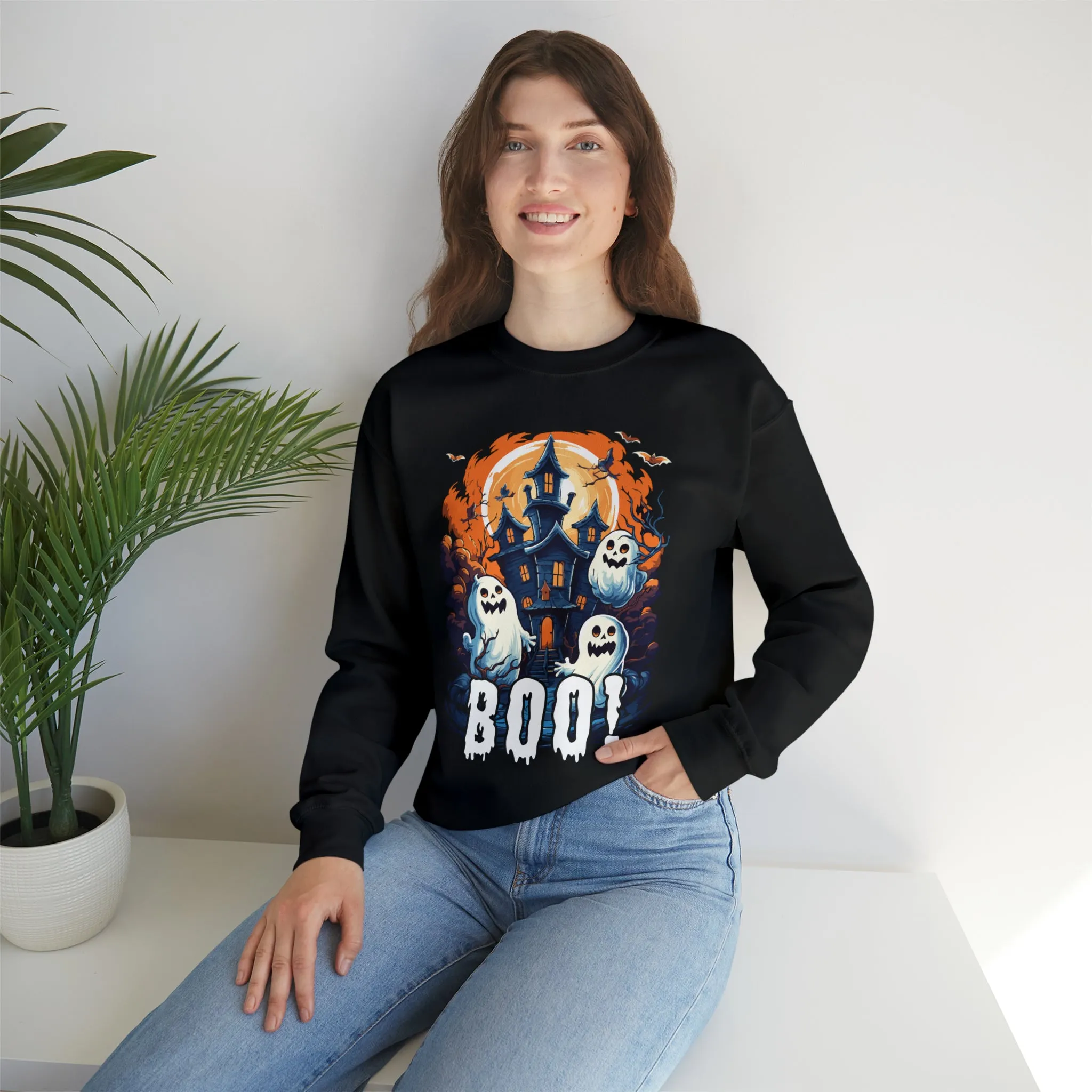 Boo! Haunted House Halloween Sweatshirt, Scary House with Ghosts Pullover, Spooky Unisex Heavy Blend Crewneck Sweatshirt