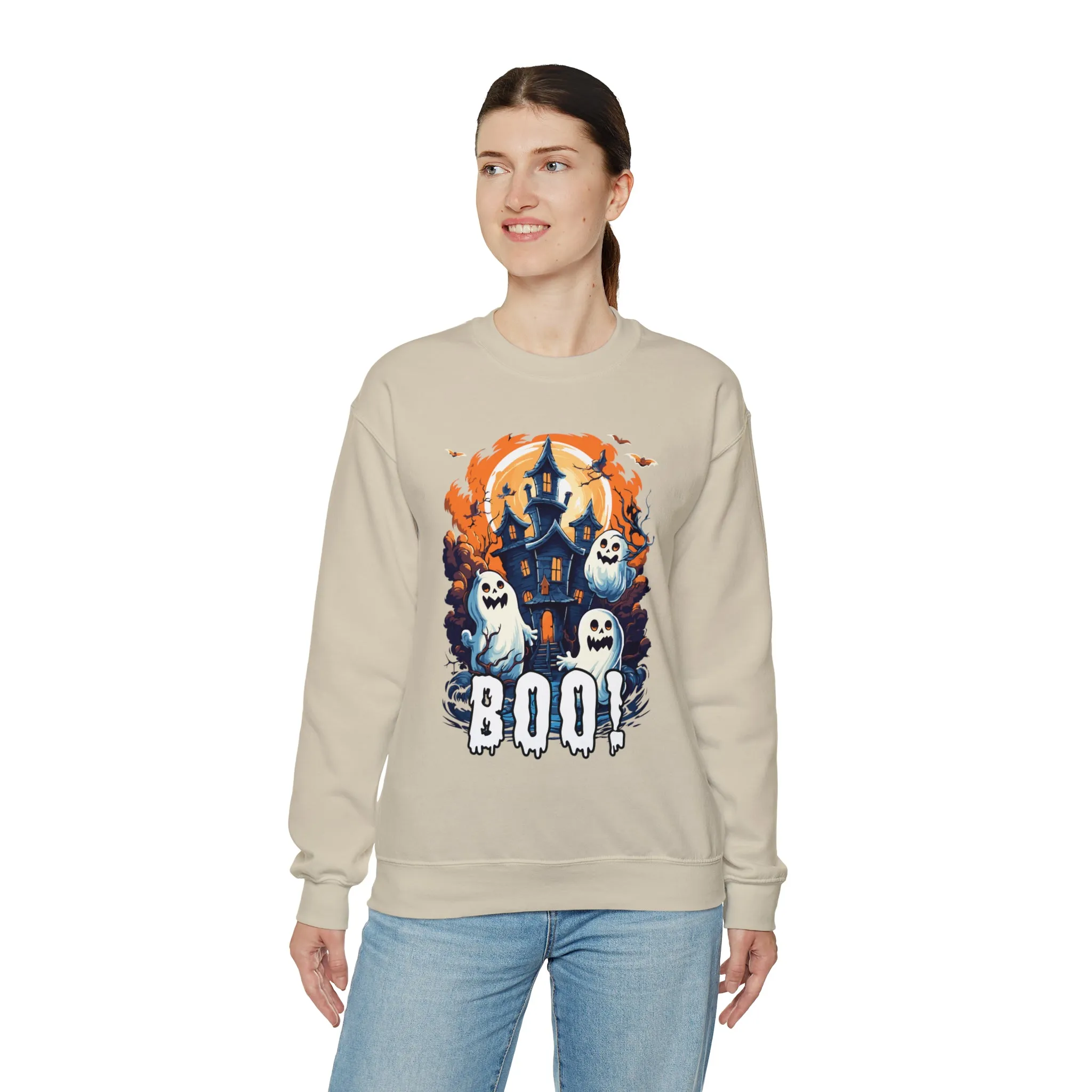 Boo! Haunted House Halloween Sweatshirt, Scary House with Ghosts Pullover, Spooky Unisex Heavy Blend Crewneck Sweatshirt