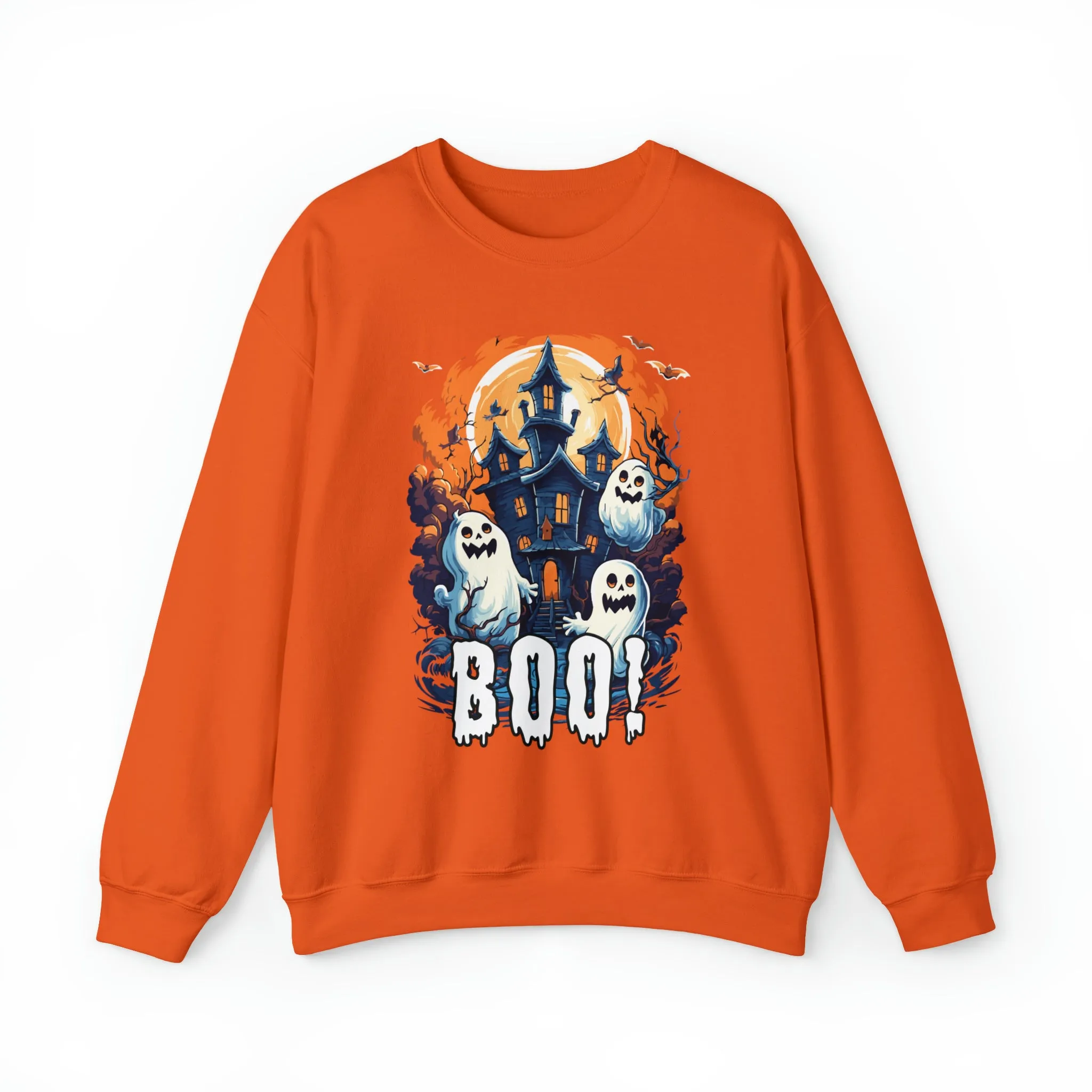 Boo! Haunted House Halloween Sweatshirt, Scary House with Ghosts Pullover, Spooky Unisex Heavy Blend Crewneck Sweatshirt