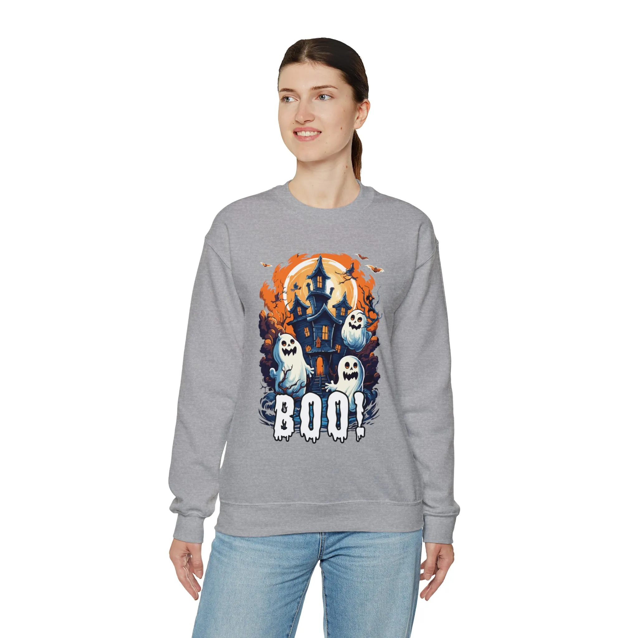 Boo! Haunted House Halloween Sweatshirt, Scary House with Ghosts Pullover, Spooky Unisex Heavy Blend Crewneck Sweatshirt