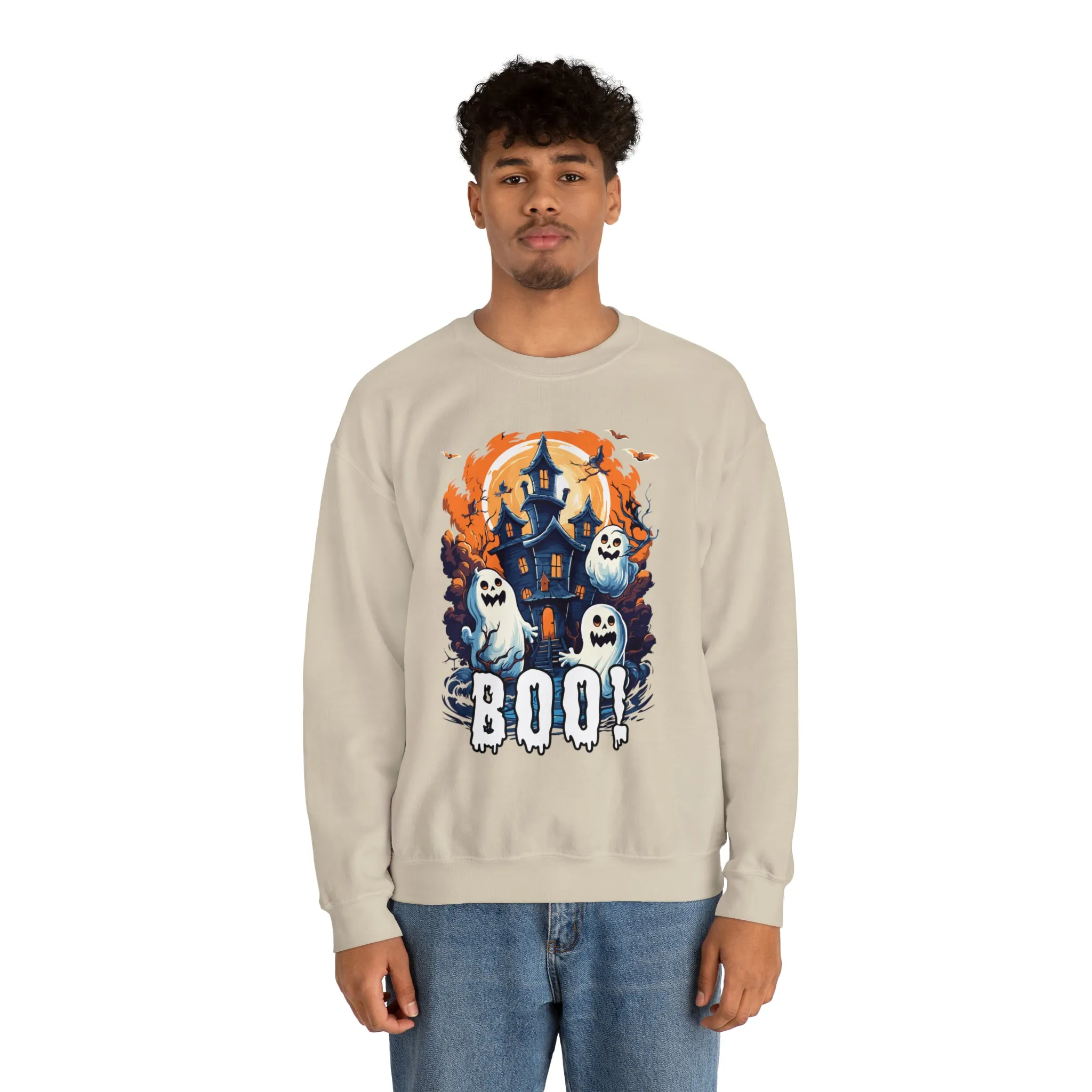 Boo! Haunted House Halloween Sweatshirt, Scary House with Ghosts Pullover, Spooky Unisex Heavy Blend Crewneck Sweatshirt