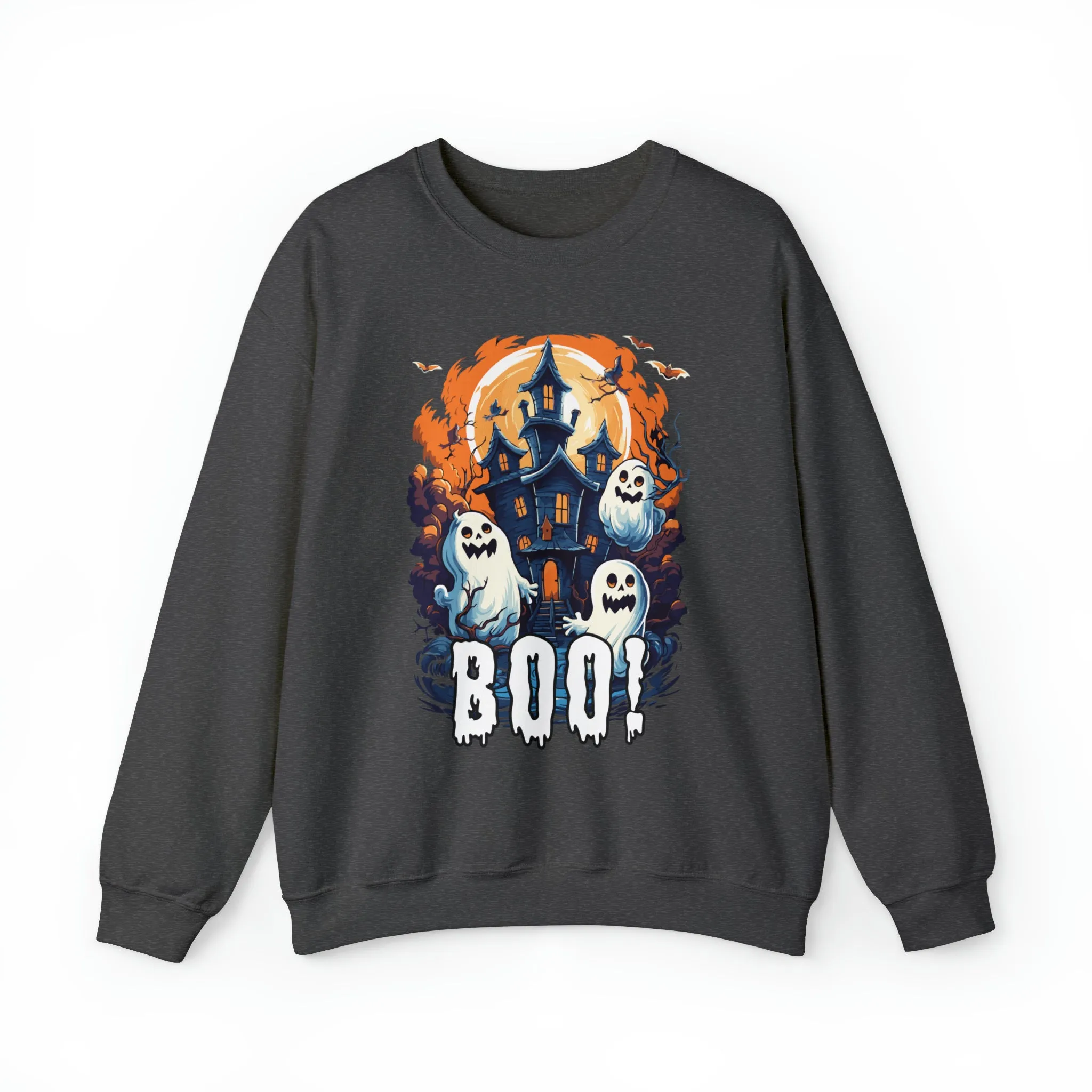 Boo! Haunted House Halloween Sweatshirt, Scary House with Ghosts Pullover, Spooky Unisex Heavy Blend Crewneck Sweatshirt