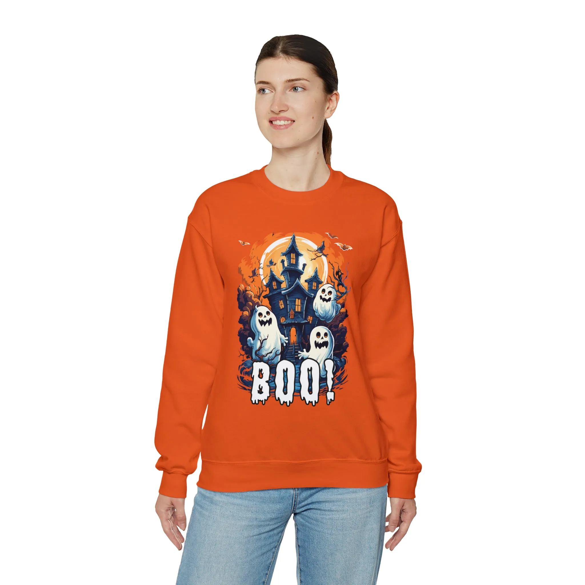 Boo! Haunted House Halloween Sweatshirt, Scary House with Ghosts Pullover, Spooky Unisex Heavy Blend Crewneck Sweatshirt