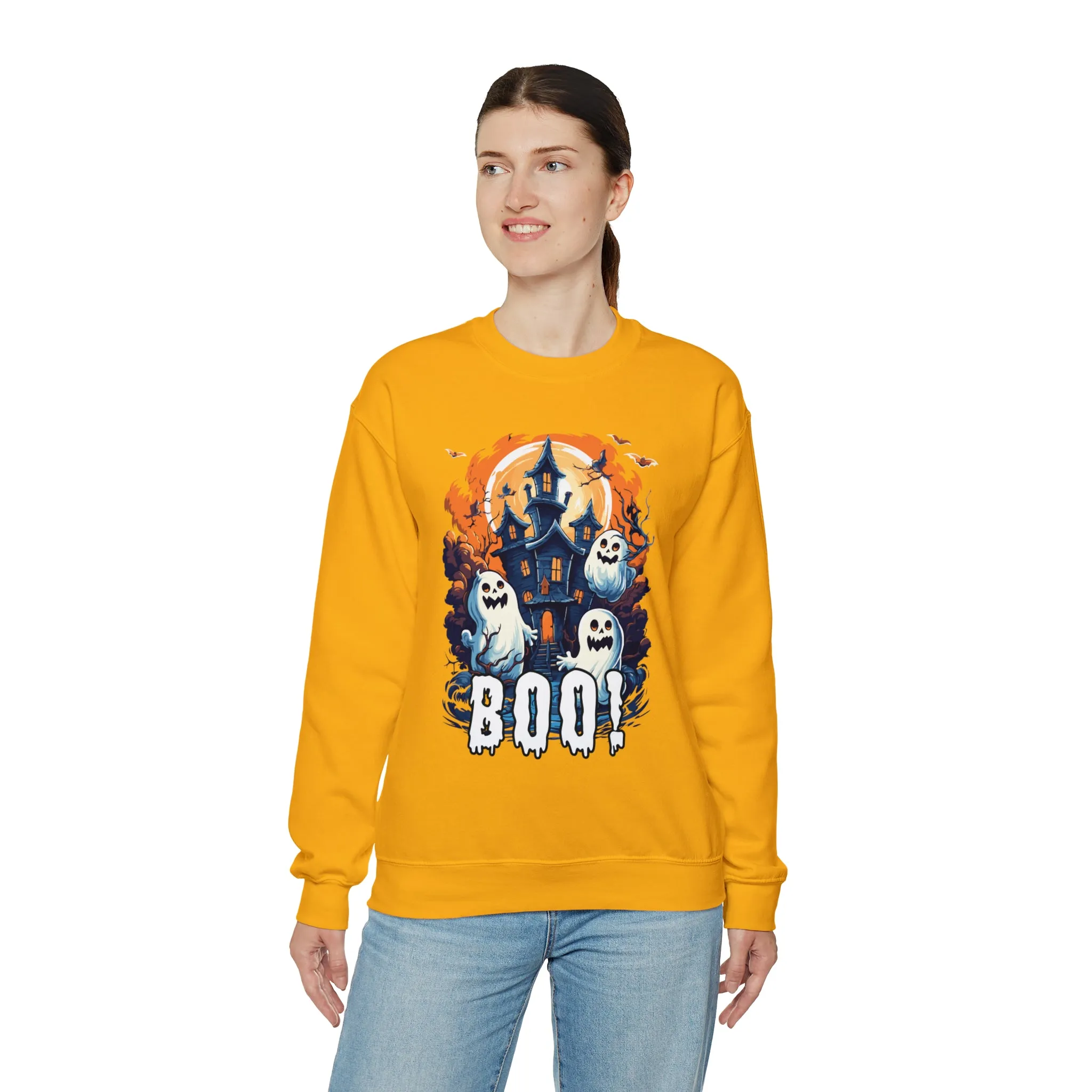Boo! Haunted House Halloween Sweatshirt, Scary House with Ghosts Pullover, Spooky Unisex Heavy Blend Crewneck Sweatshirt