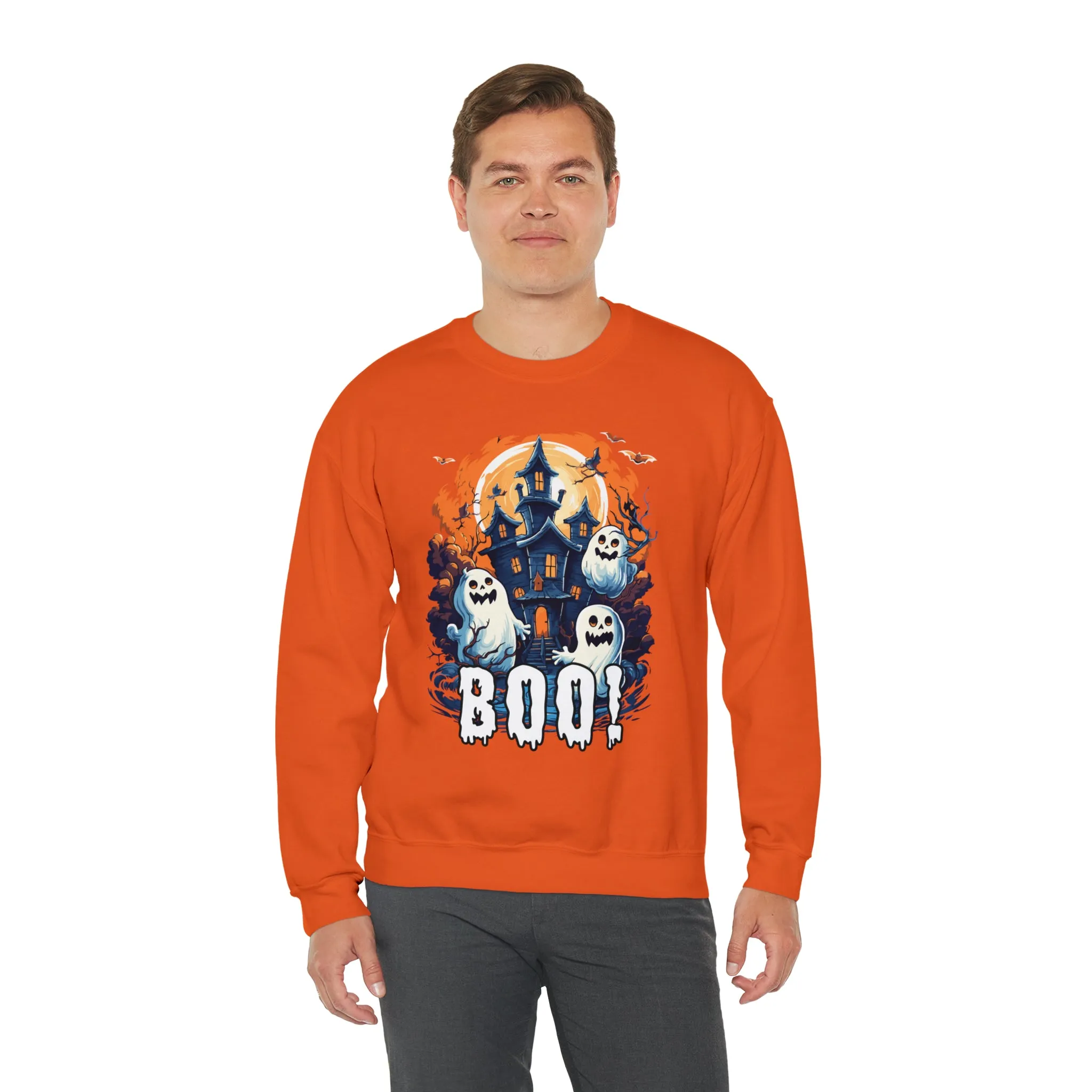 Boo! Haunted House Halloween Sweatshirt, Scary House with Ghosts Pullover, Spooky Unisex Heavy Blend Crewneck Sweatshirt