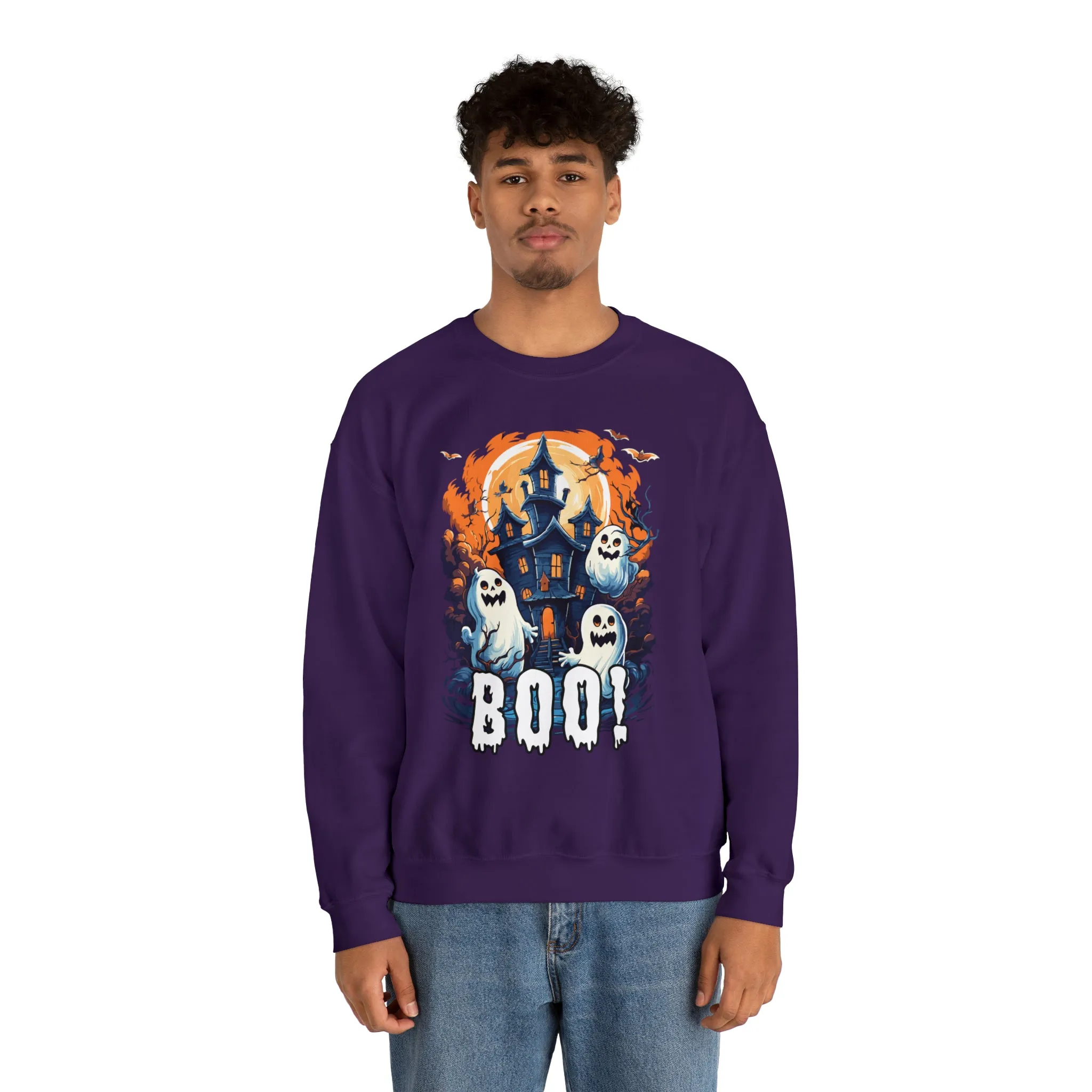 Boo! Haunted House Halloween Sweatshirt, Scary House with Ghosts Pullover, Spooky Unisex Heavy Blend Crewneck Sweatshirt