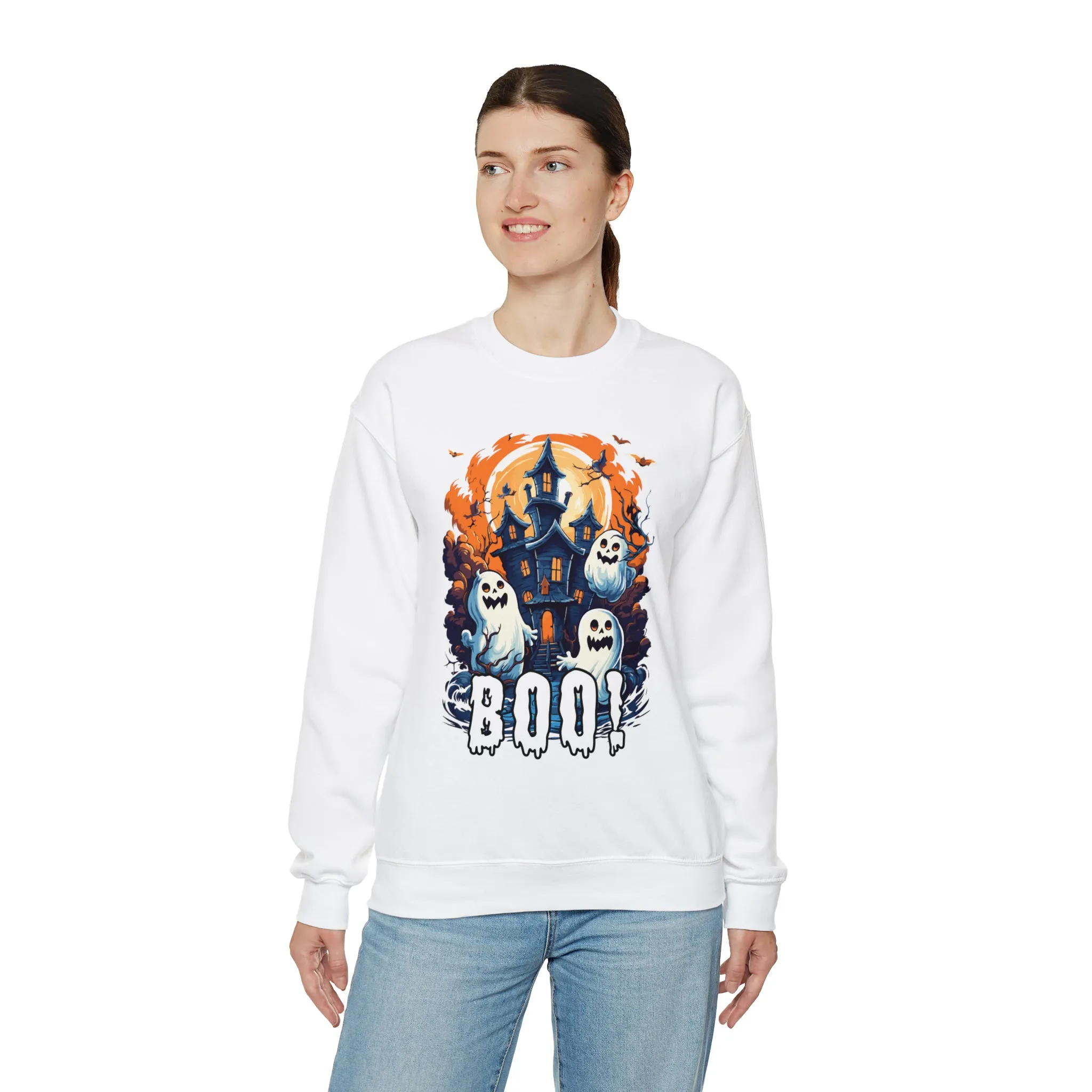 Boo! Haunted House Halloween Sweatshirt, Scary House with Ghosts Pullover, Spooky Unisex Heavy Blend Crewneck Sweatshirt