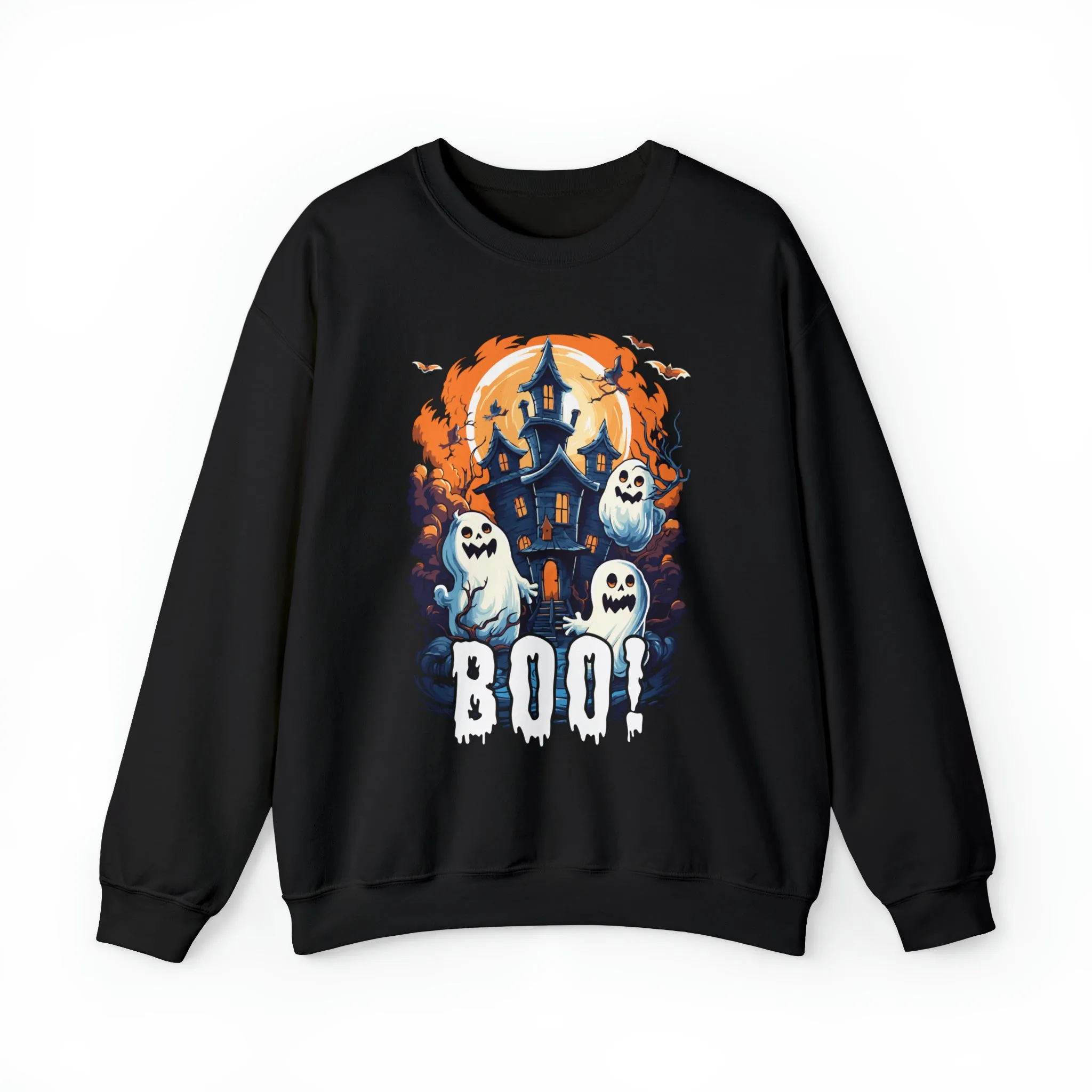 Boo! Haunted House Halloween Sweatshirt, Scary House with Ghosts Pullover, Spooky Unisex Heavy Blend Crewneck Sweatshirt
