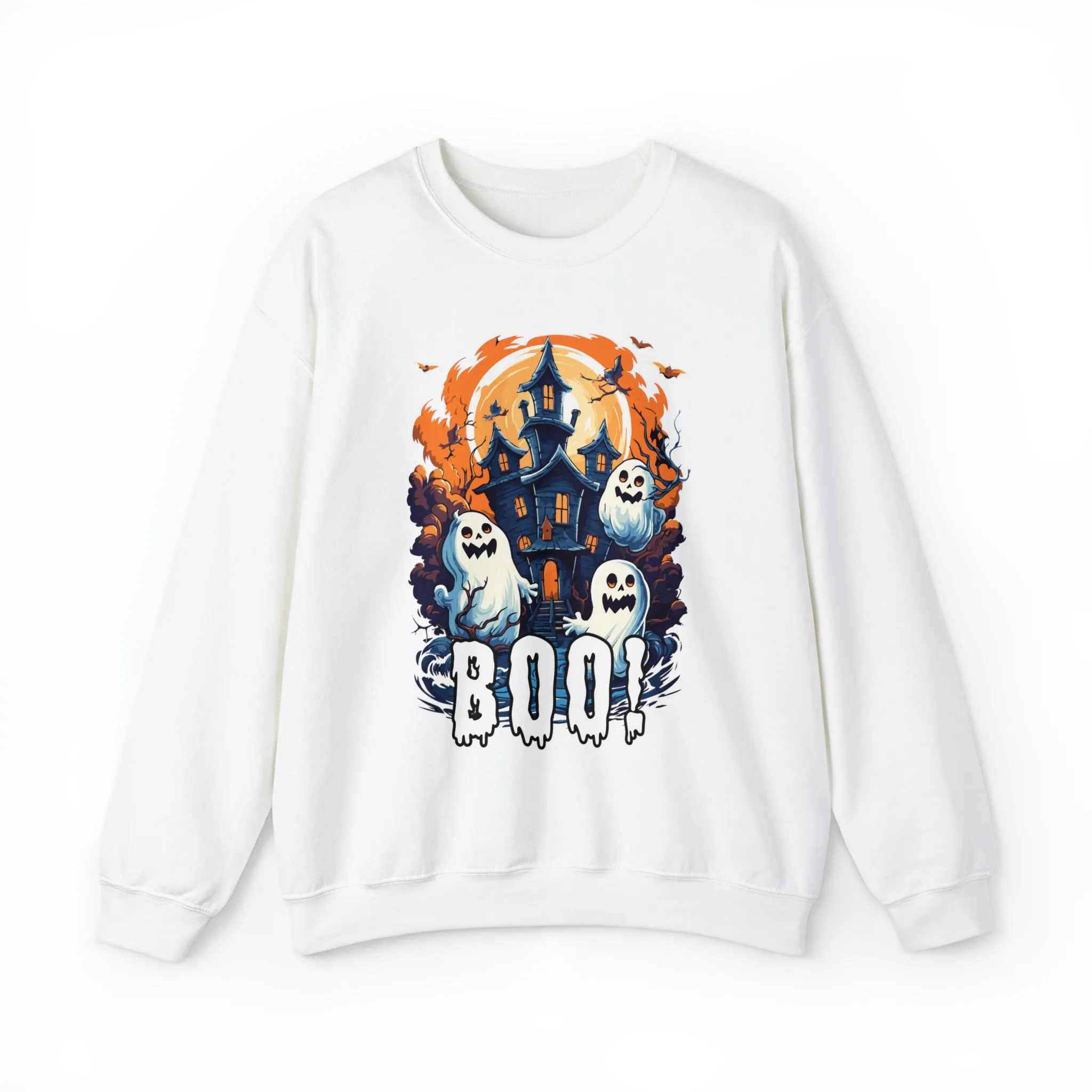 Boo! Haunted House Halloween Sweatshirt, Scary House with Ghosts Pullover, Spooky Unisex Heavy Blend Crewneck Sweatshirt