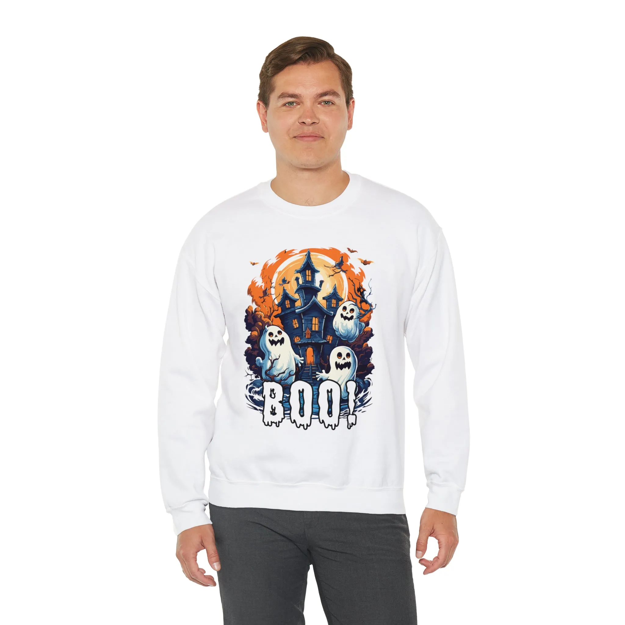 Boo! Haunted House Halloween Sweatshirt, Scary House with Ghosts Pullover, Spooky Unisex Heavy Blend Crewneck Sweatshirt