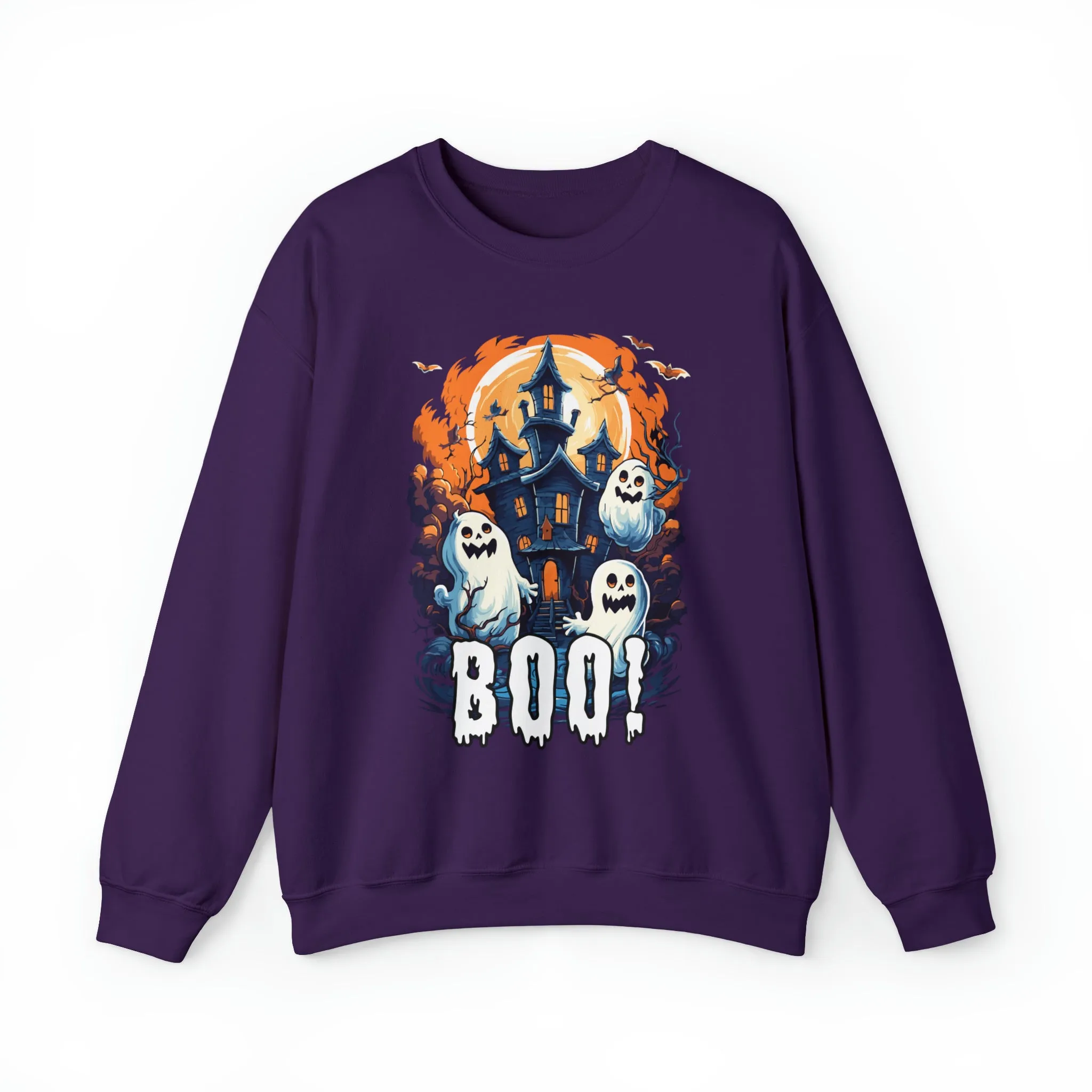 Boo! Haunted House Halloween Sweatshirt, Scary House with Ghosts Pullover, Spooky Unisex Heavy Blend Crewneck Sweatshirt