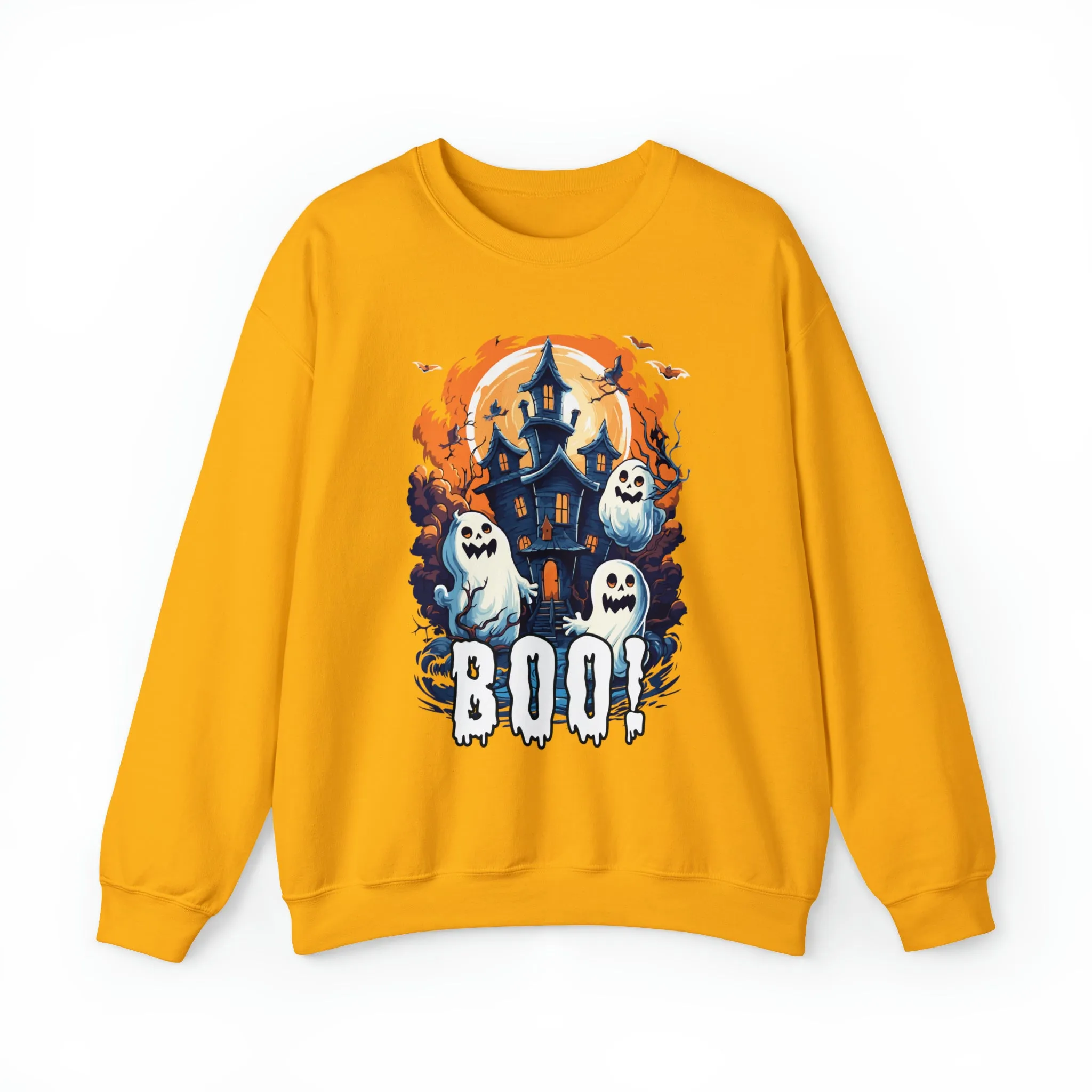 Boo! Haunted House Halloween Sweatshirt, Scary House with Ghosts Pullover, Spooky Unisex Heavy Blend Crewneck Sweatshirt