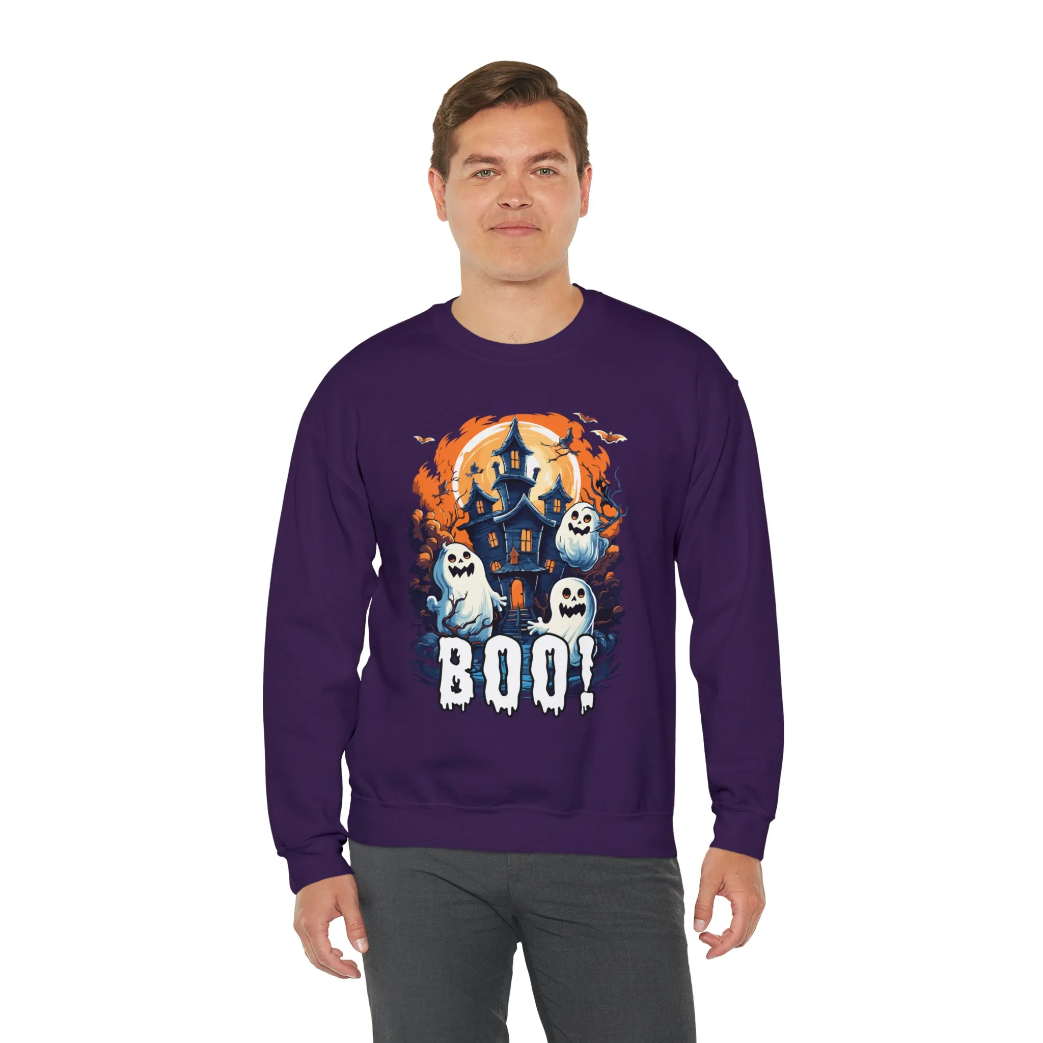 Boo! Haunted House Halloween Sweatshirt, Scary House with Ghosts Pullover, Spooky Unisex Heavy Blend Crewneck Sweatshirt