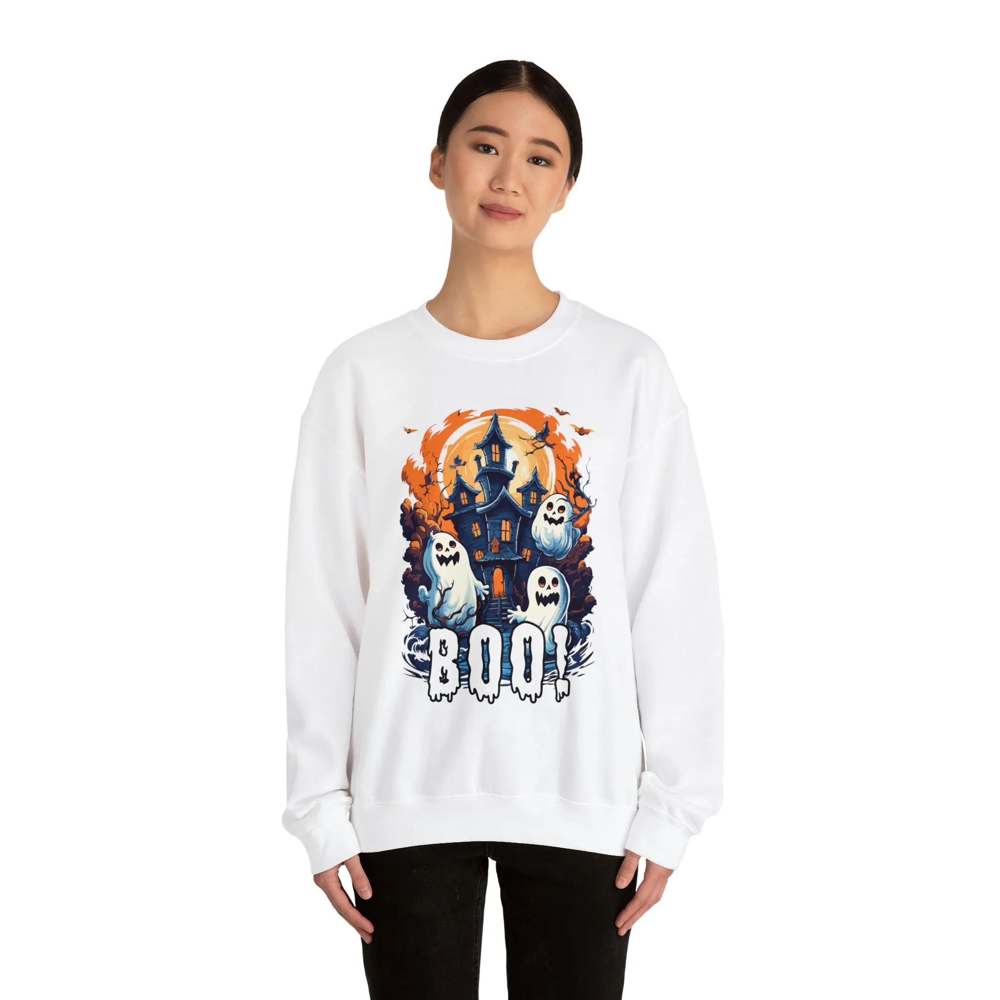Boo! Haunted House Halloween Sweatshirt, Scary House with Ghosts Pullover, Spooky Unisex Heavy Blend Crewneck Sweatshirt