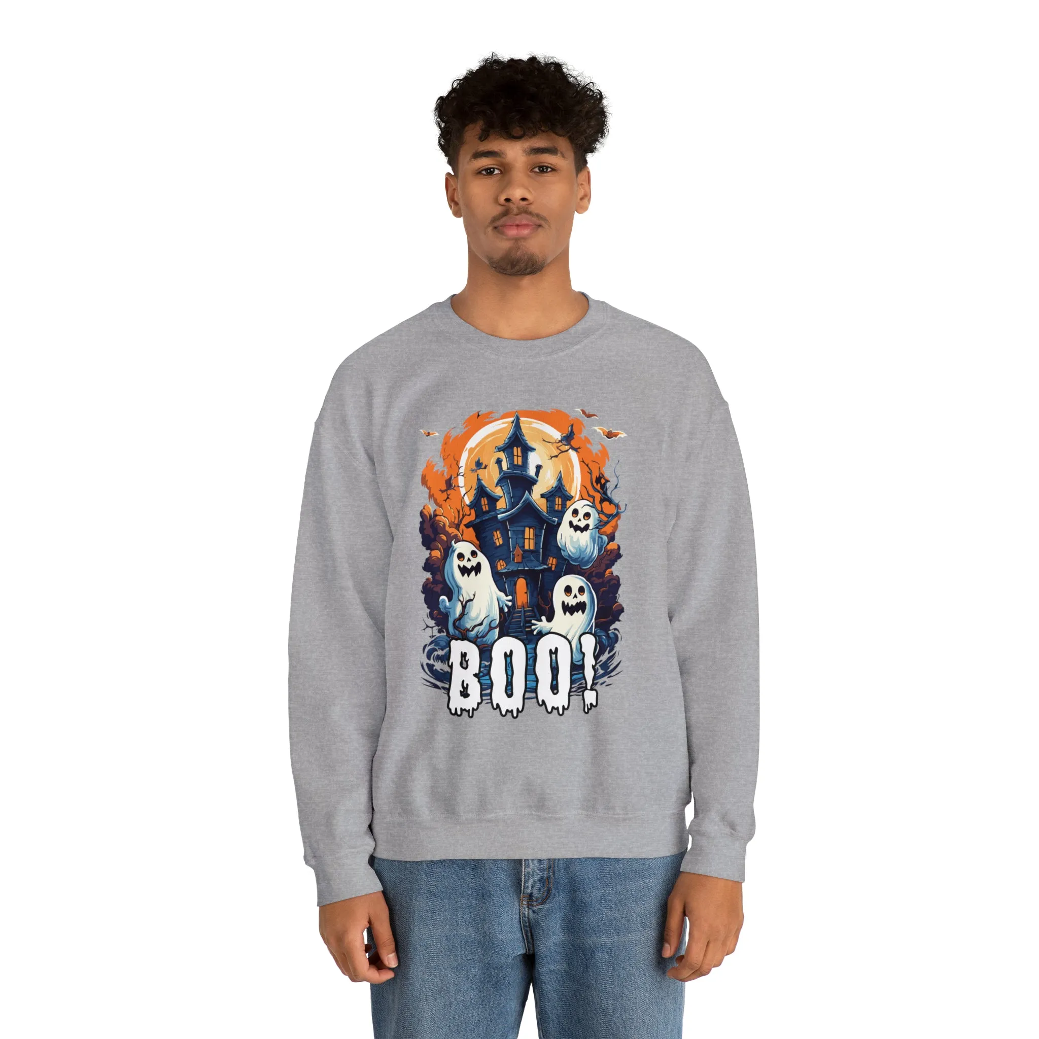 Boo! Haunted House Halloween Sweatshirt, Scary House with Ghosts Pullover, Spooky Unisex Heavy Blend Crewneck Sweatshirt