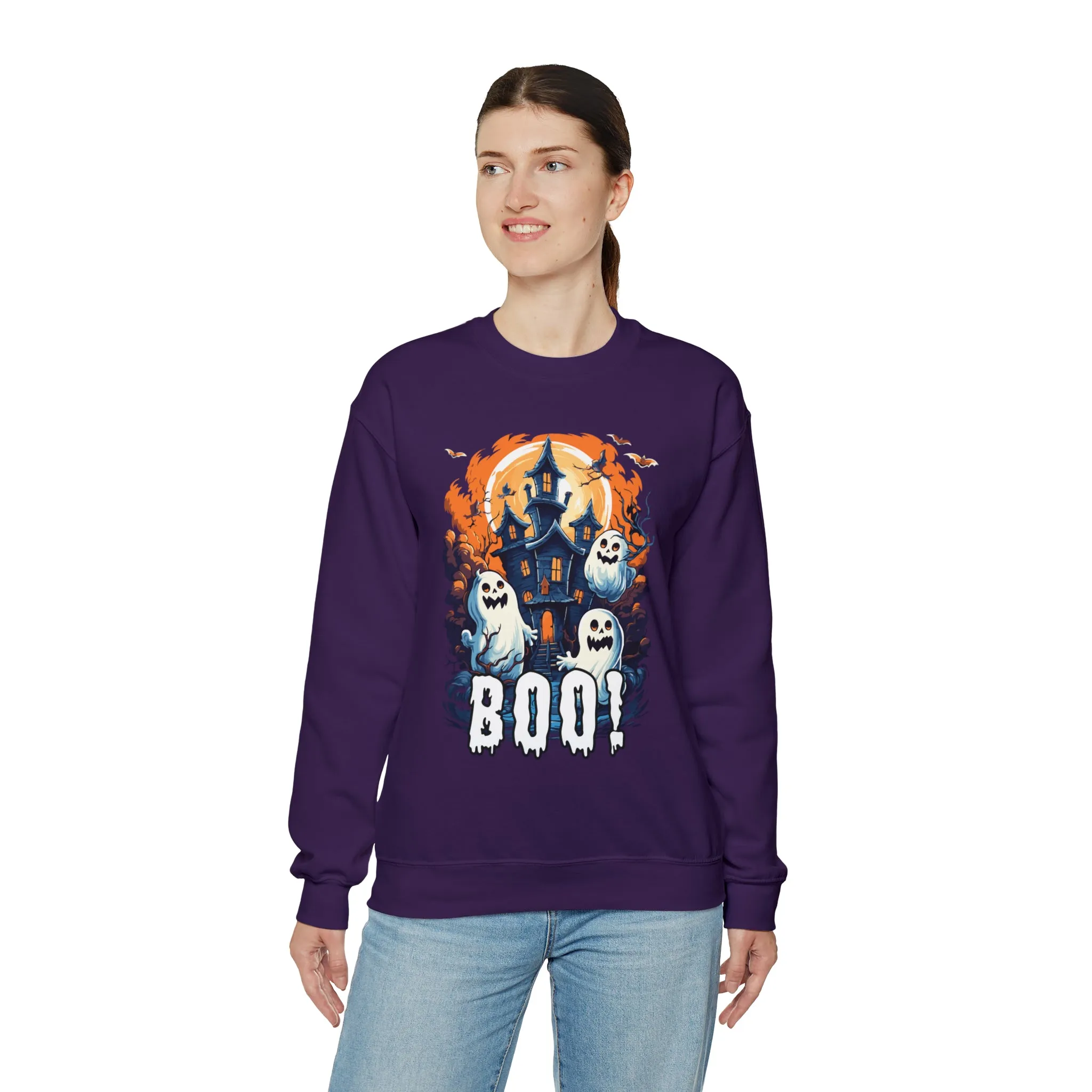 Boo! Haunted House Halloween Sweatshirt, Scary House with Ghosts Pullover, Spooky Unisex Heavy Blend Crewneck Sweatshirt
