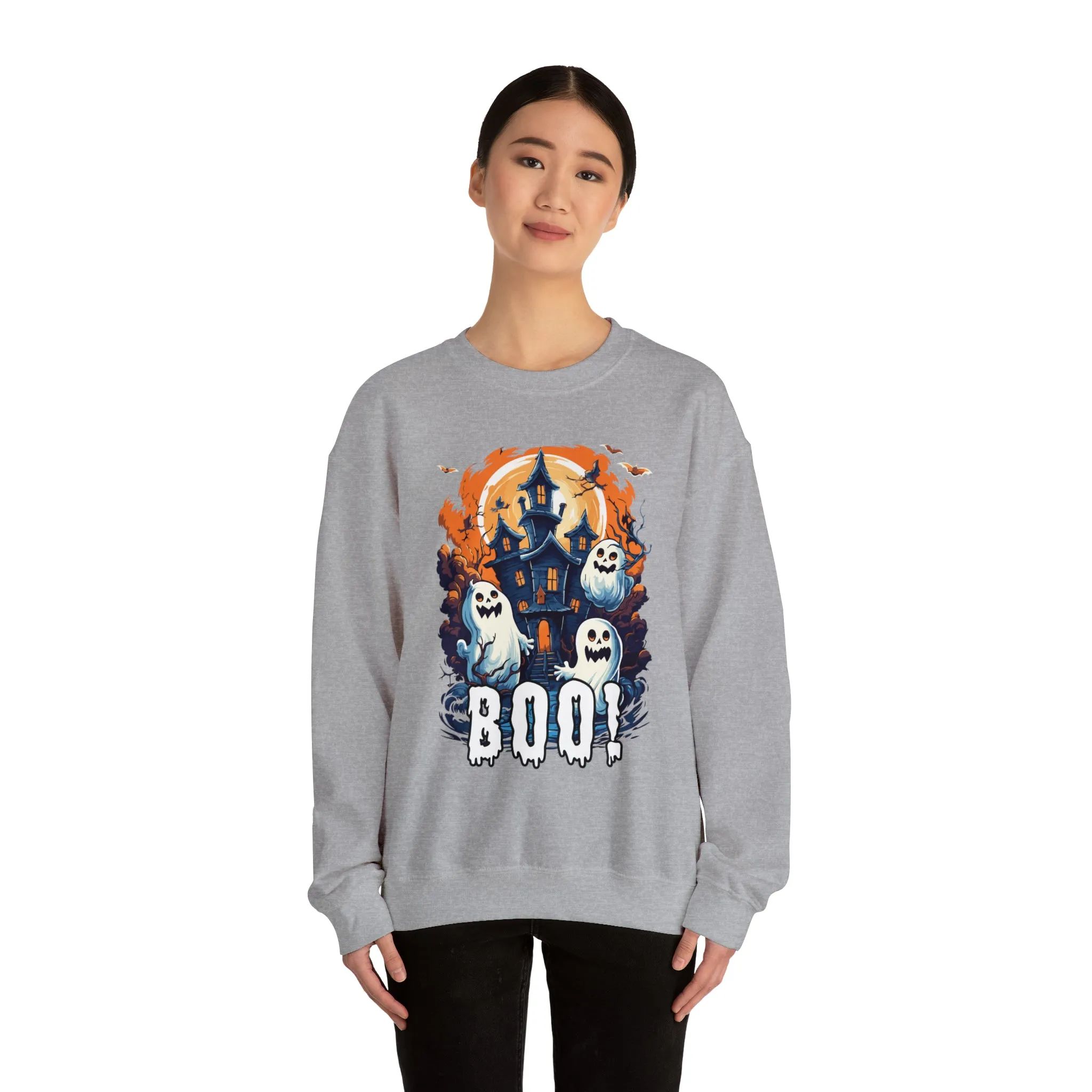 Boo! Haunted House Halloween Sweatshirt, Scary House with Ghosts Pullover, Spooky Unisex Heavy Blend Crewneck Sweatshirt