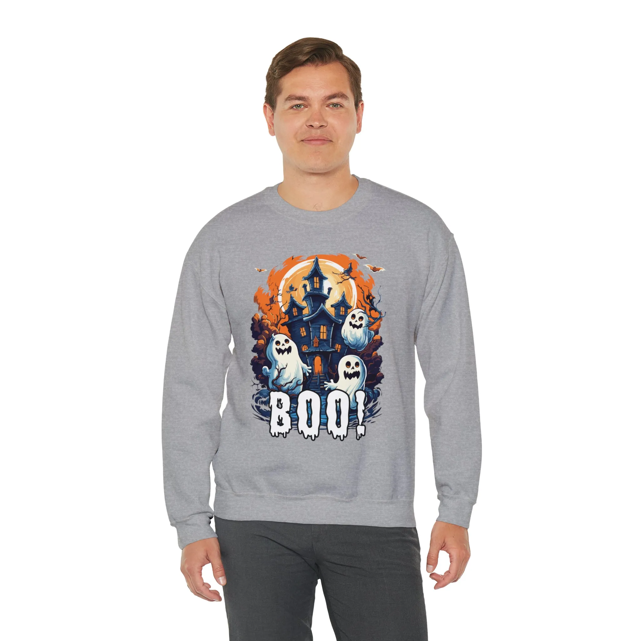 Boo! Haunted House Halloween Sweatshirt, Scary House with Ghosts Pullover, Spooky Unisex Heavy Blend Crewneck Sweatshirt