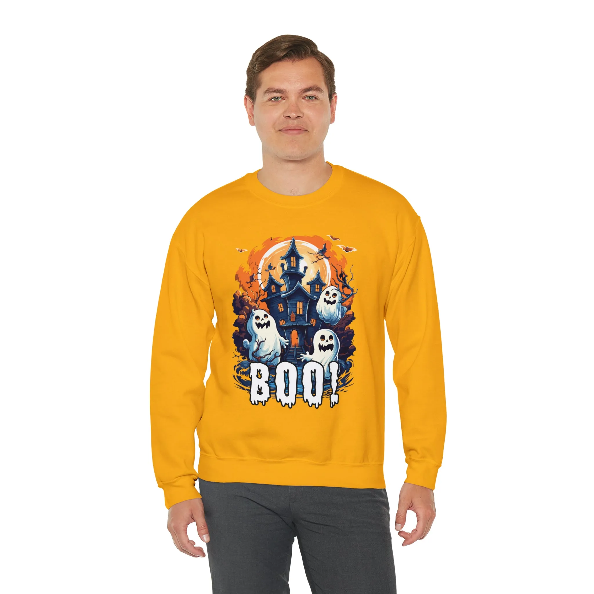 Boo! Haunted House Halloween Sweatshirt, Scary House with Ghosts Pullover, Spooky Unisex Heavy Blend Crewneck Sweatshirt
