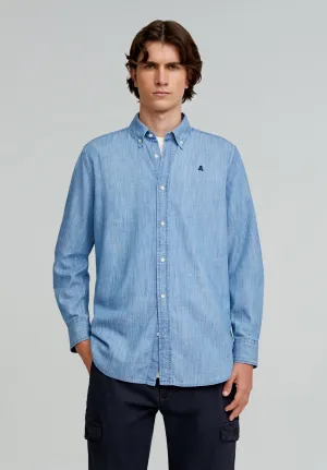CAMISA DENIM COM SKULL E DECOTE DE BOTÕES